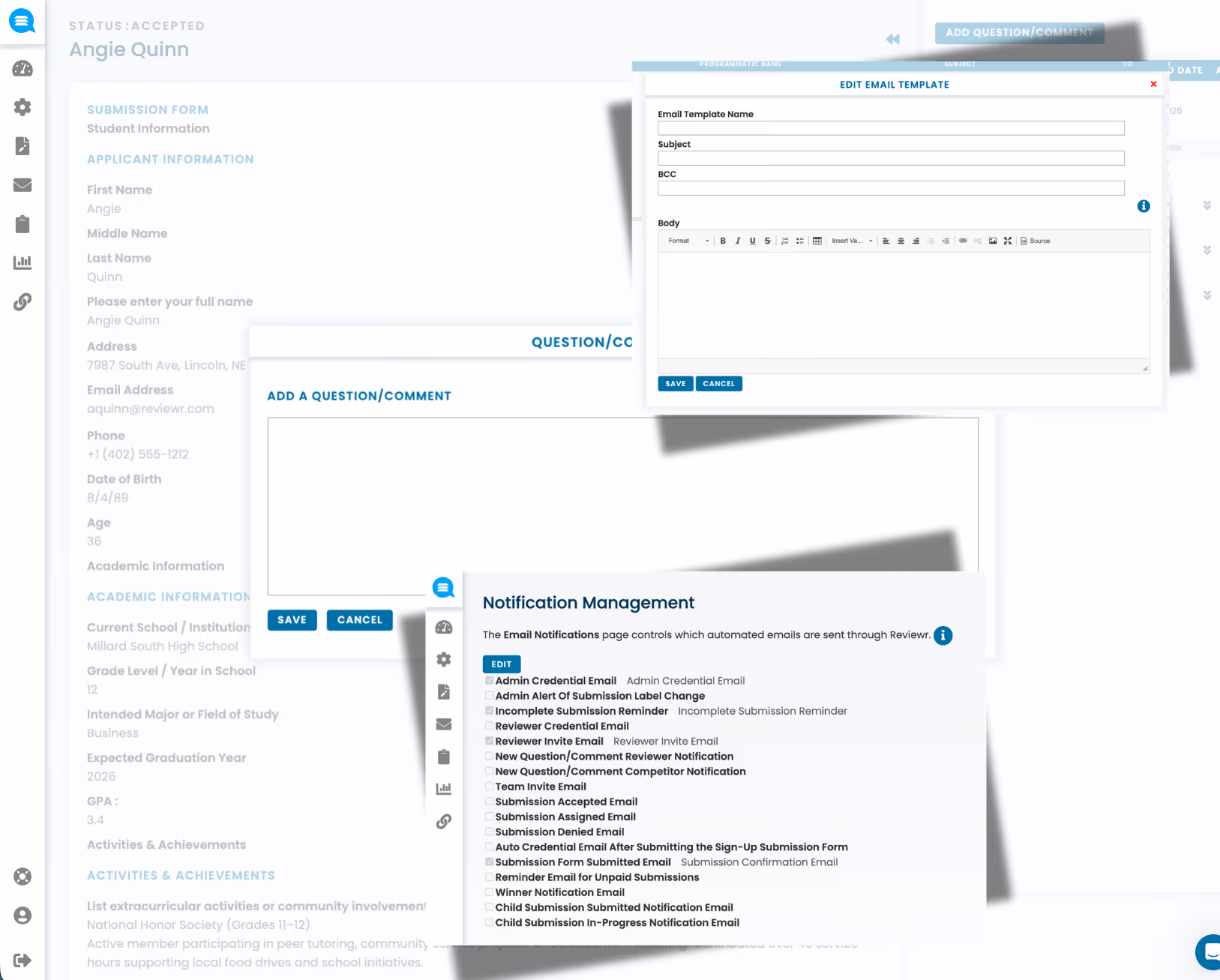 User interface showing Angie Quinn's accepted application with sections for student information and academic details, plus pop-up windows for adding questions/comments, editing email templates, and managing notification email settings.