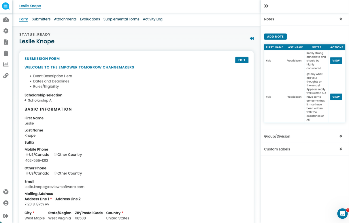 Applicant form for Leslie Knope showing basic information, contact details, scholarship selection, and notes from reviewers.