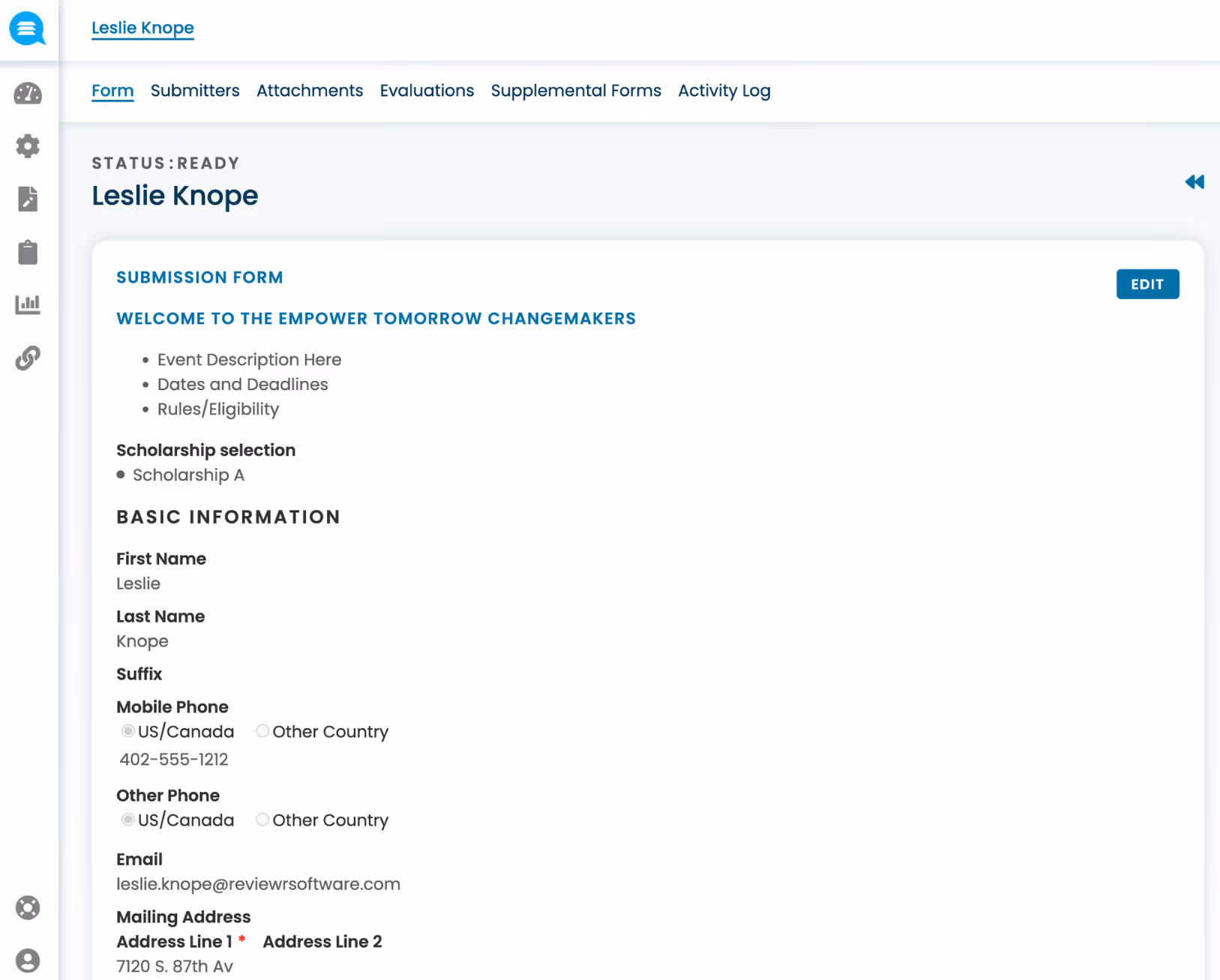 Screenshot of an online submission form for Leslie Knope with sections for event details, scholarship selection, and basic contact information.