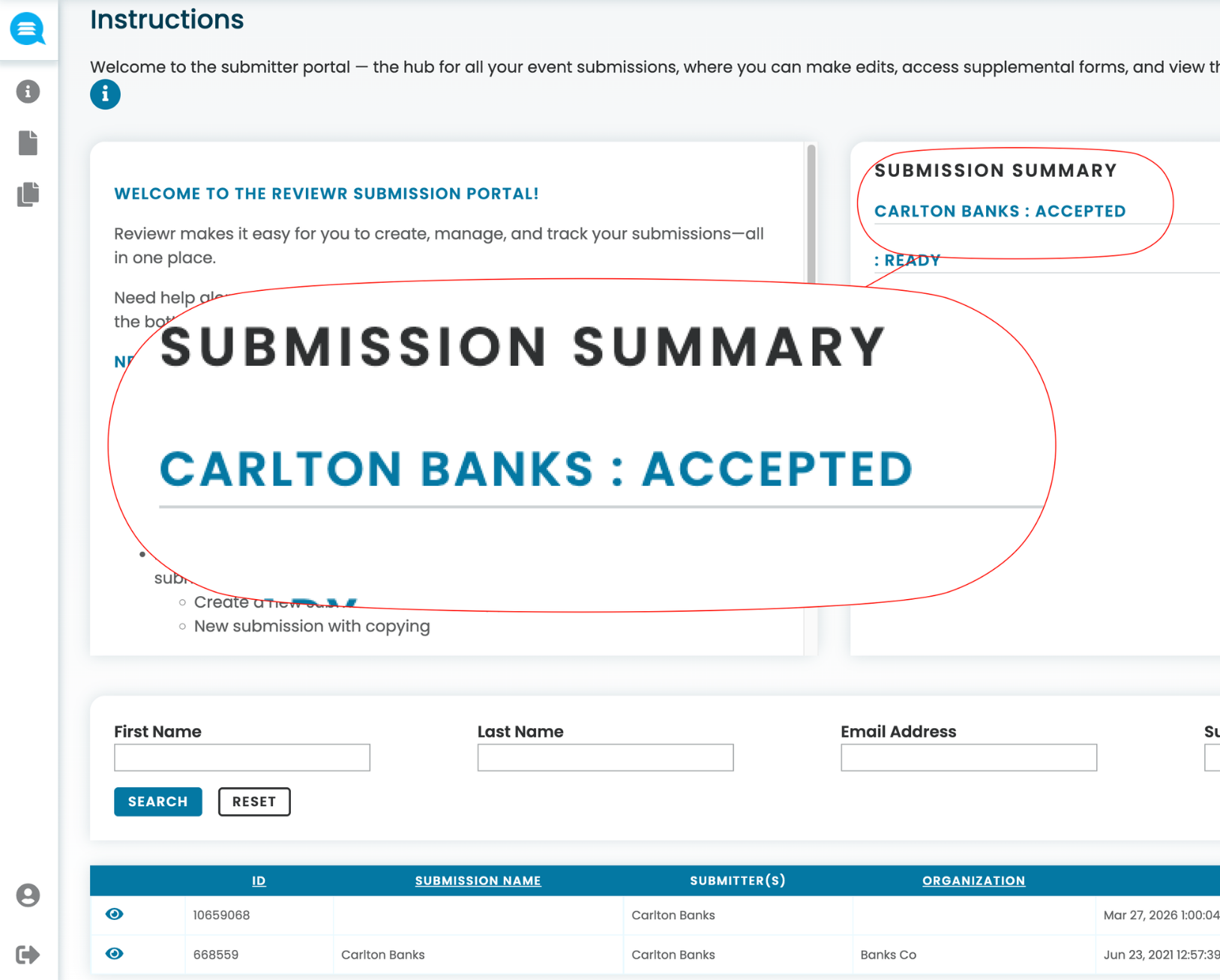Submission summary showing Carlton Banks accepted in a submitter portal interface with search fields and submission table below.