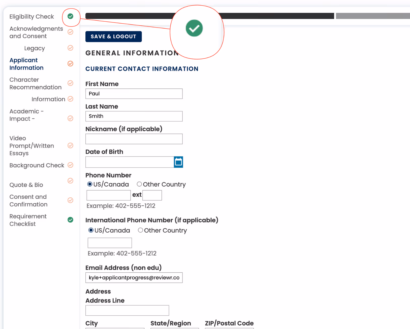 Online application form displaying general info fields like first name, last name, phone number, and email with a green checkmark indicating eligibility check completion.