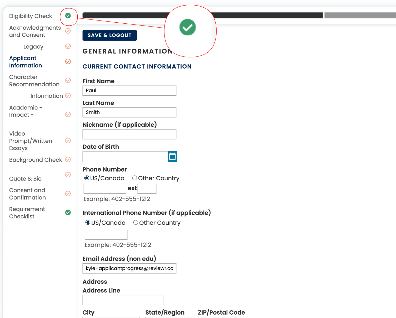 Online application form displaying general info fields like first name, last name, phone number, and email with a green checkmark indicating eligibility check completion.