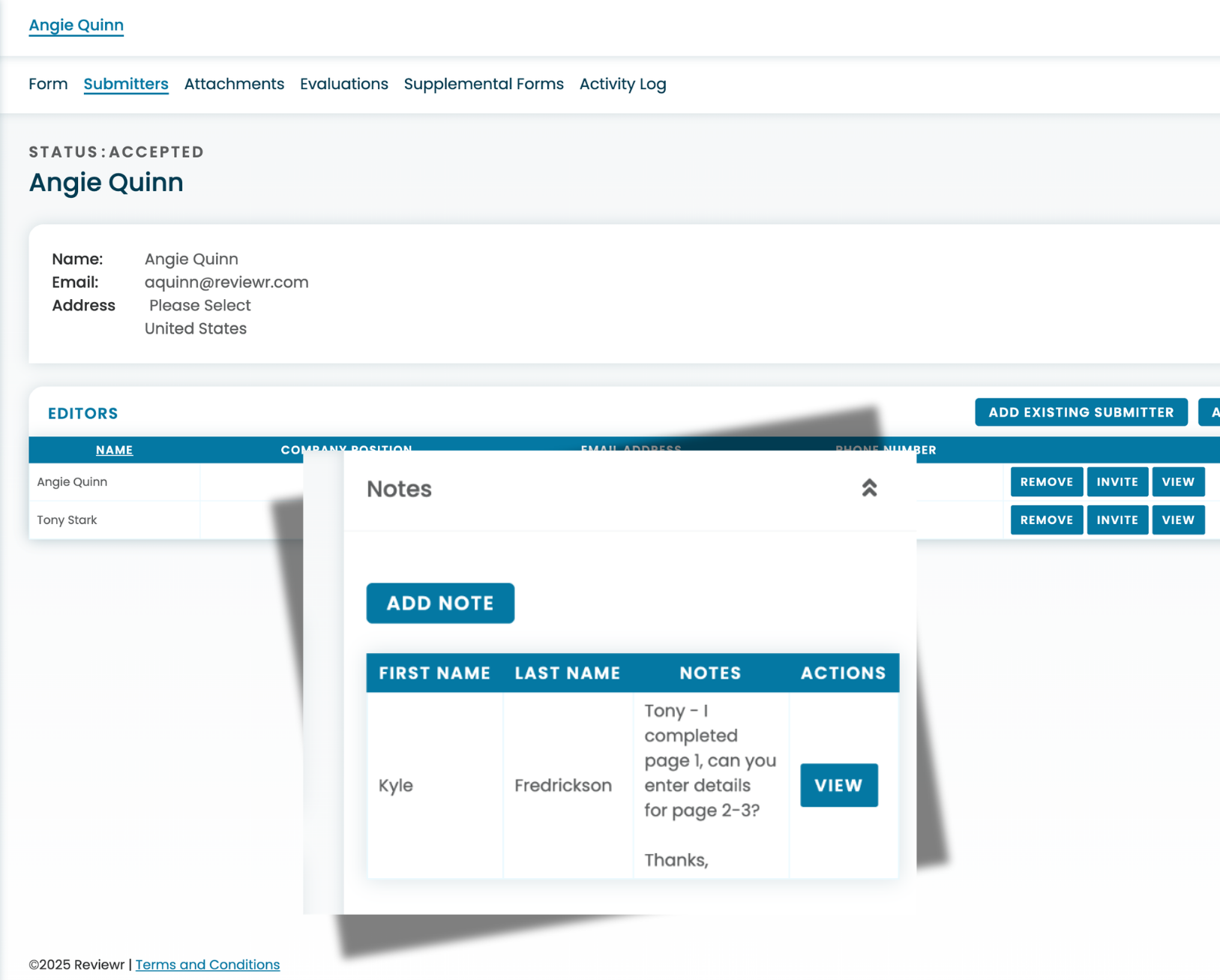 Web interface showing submitter Angie Quinn's accepted status, contact details, editors list including Angie Quinn and Tony Stark, and a note from Kyle Fredrickson requesting Tony to enter details for pages 2-3.