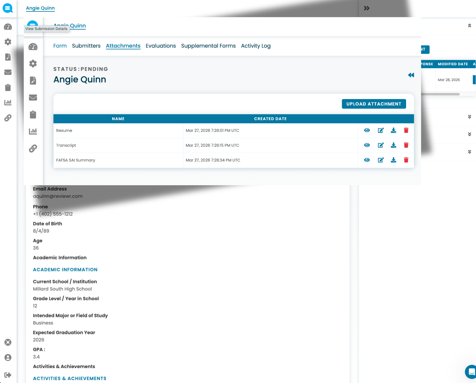 Applicant Angie Quinn's document attachments list showing Resume, Transcript, and FAFSA SAI Summary with upload and action icons, and partial academic and contact details.