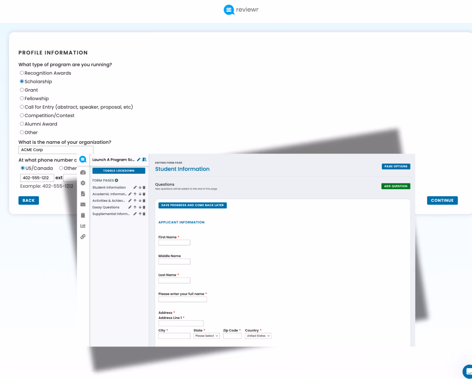 Reviewr dashboard screenshot showing profile information form with scholarship selected, organization name input, phone number options, and student information form with fields for name and address.