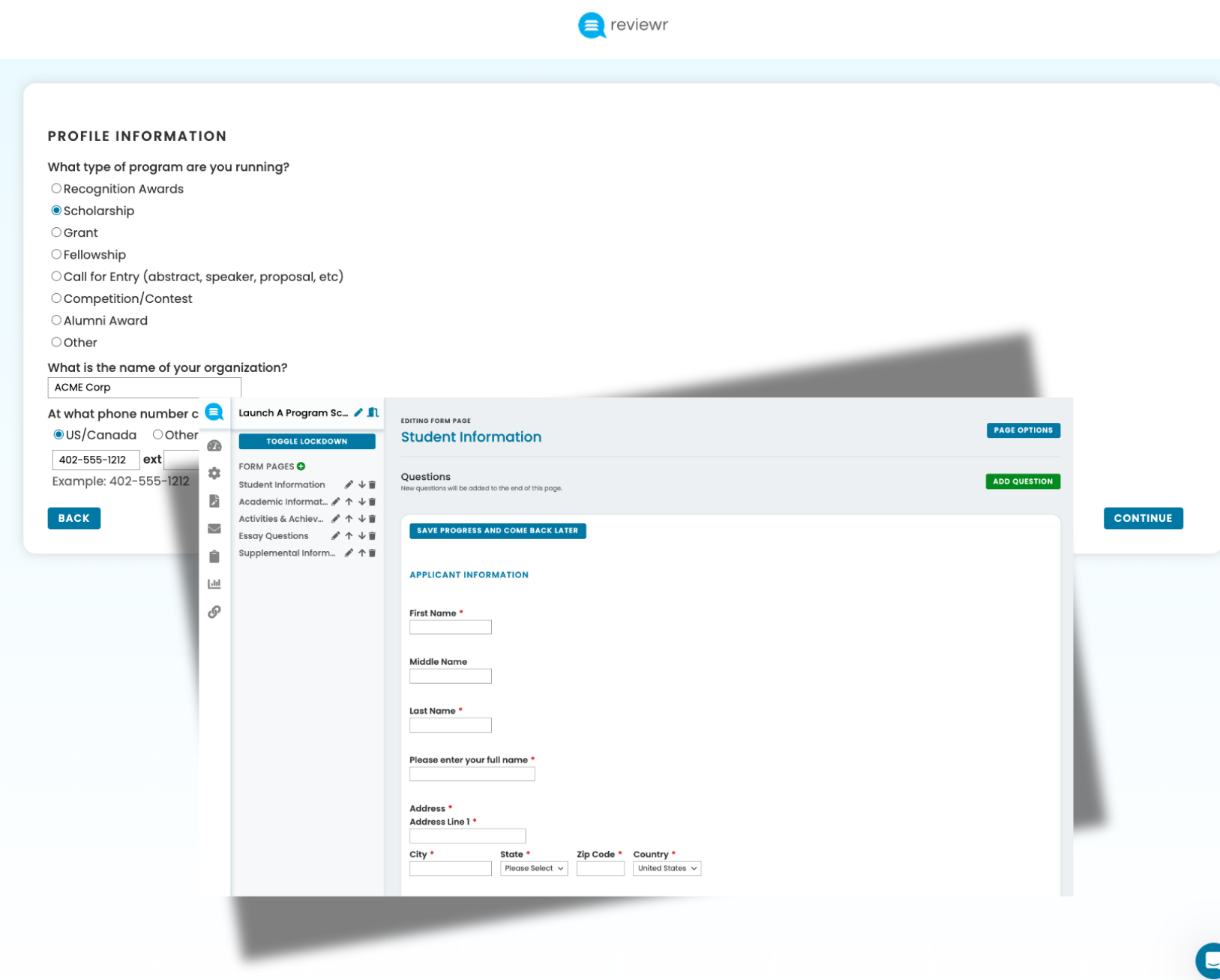 Reviewr dashboard screenshot showing profile information form with scholarship selected, organization name input, phone number options, and student information form with fields for name and address.