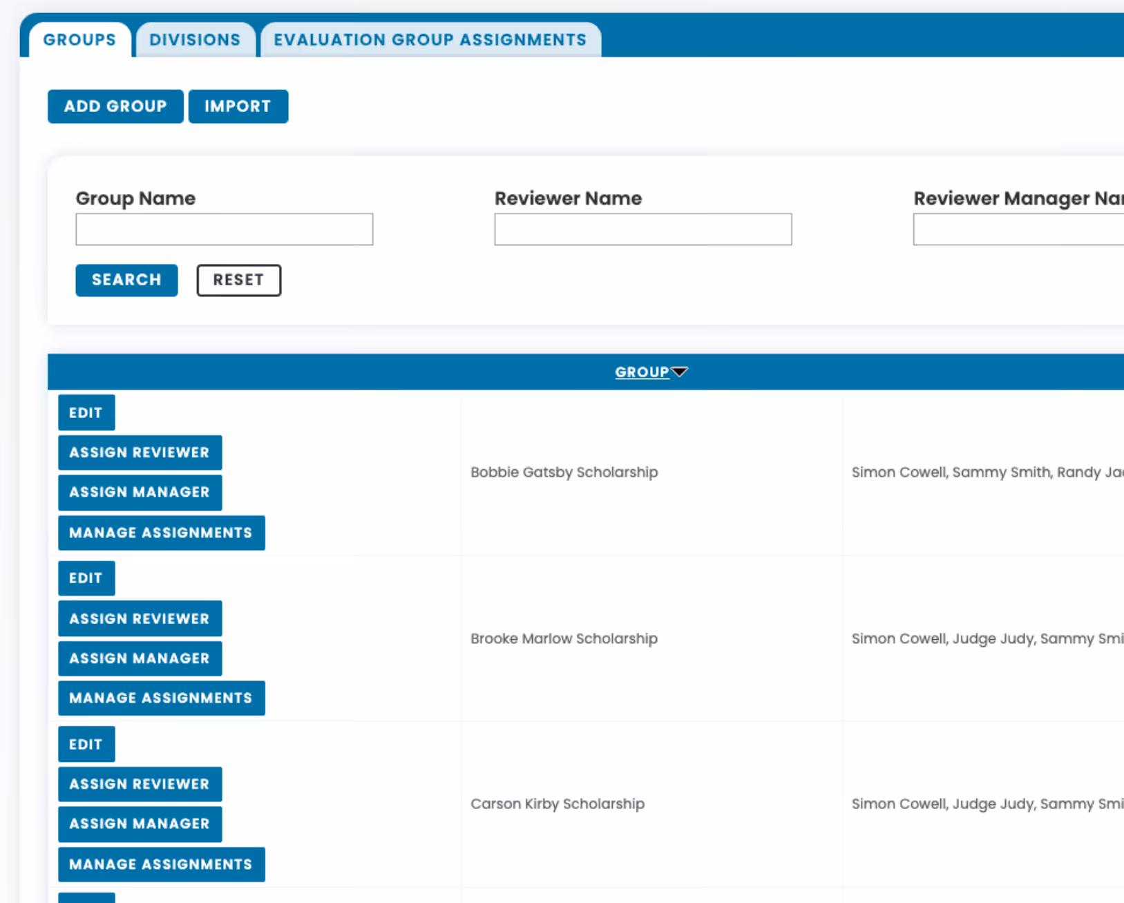 Scholarship management interface showing groups with options to edit, assign reviewers, assign managers, and manage assignments for Bobbie Gatsby, Brooke Marlow, and Carson Kirby scholarships.