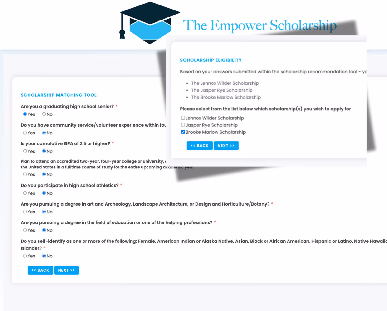 Scholarship Matching Tool form with questions about high school senior status, community service, GPA, college plans, athletics, degree pursuit, and ethnicity, alongside a Scholarship Eligibility section listing three scholarships and options to select one for application.