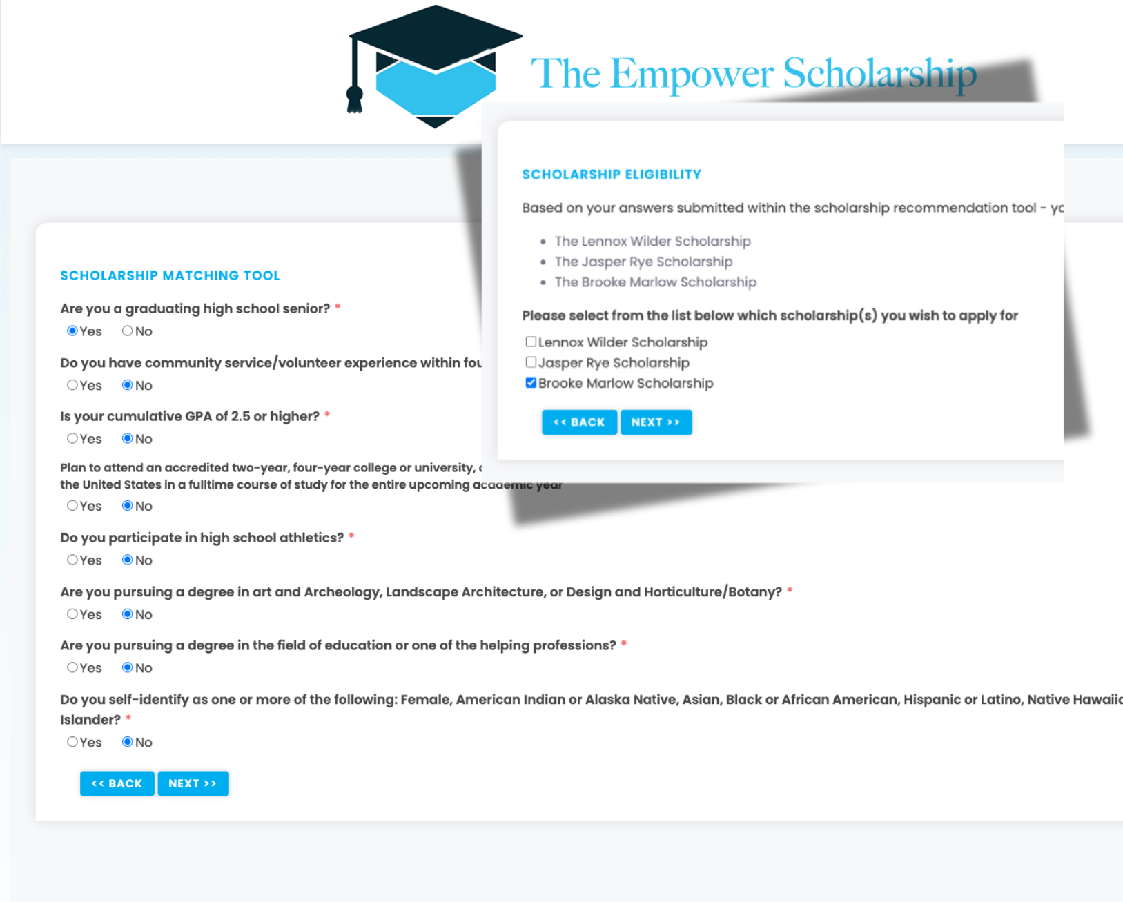 Scholarship Matching Tool form with questions about high school senior status, community service, GPA, college plans, athletics, degree pursuit, and ethnicity, alongside a Scholarship Eligibility section listing three scholarships and options to select one for application.