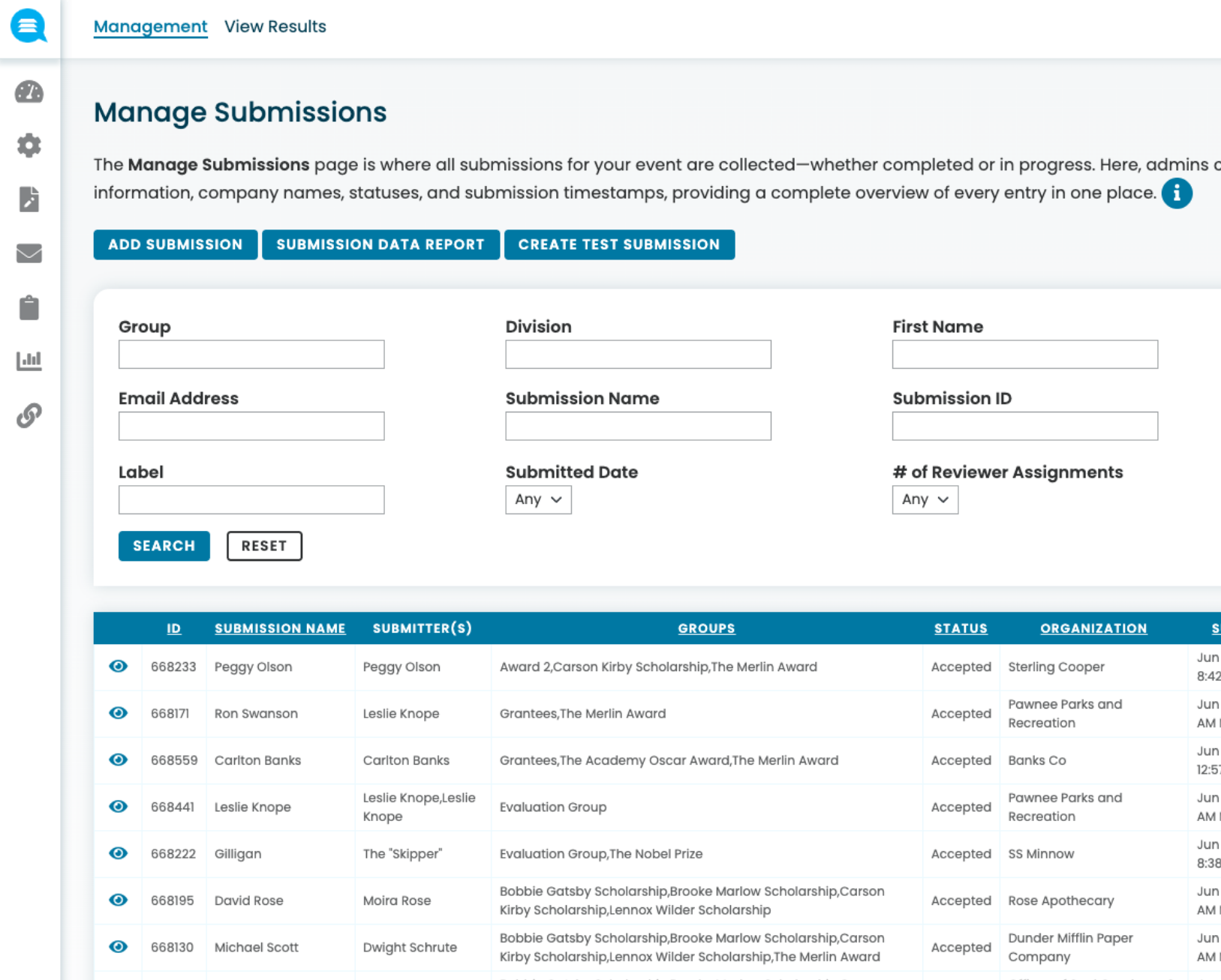 Manage Submissions page showing filters for group, division, first name, email, submission name and ID, label, submitted date, and reviewer assignments, plus a table listing submissions with columns for ID, submission name, submitter(s), groups, status, and organization.