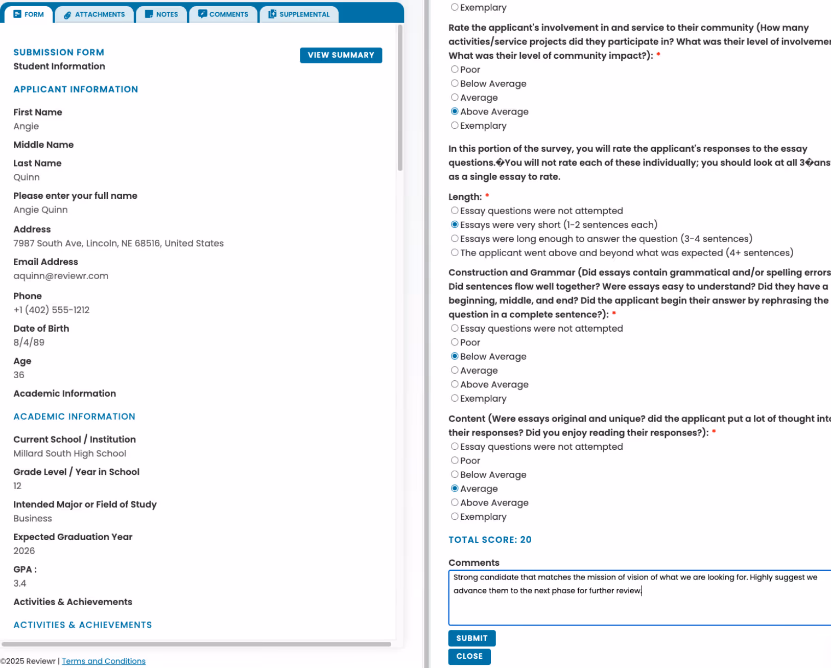 Online submission form showing applicant Angie Quinn's personal, academic details, and a review survey with ratings on community involvement, essay length, grammar, content, and a comment suggesting advancement for further review.