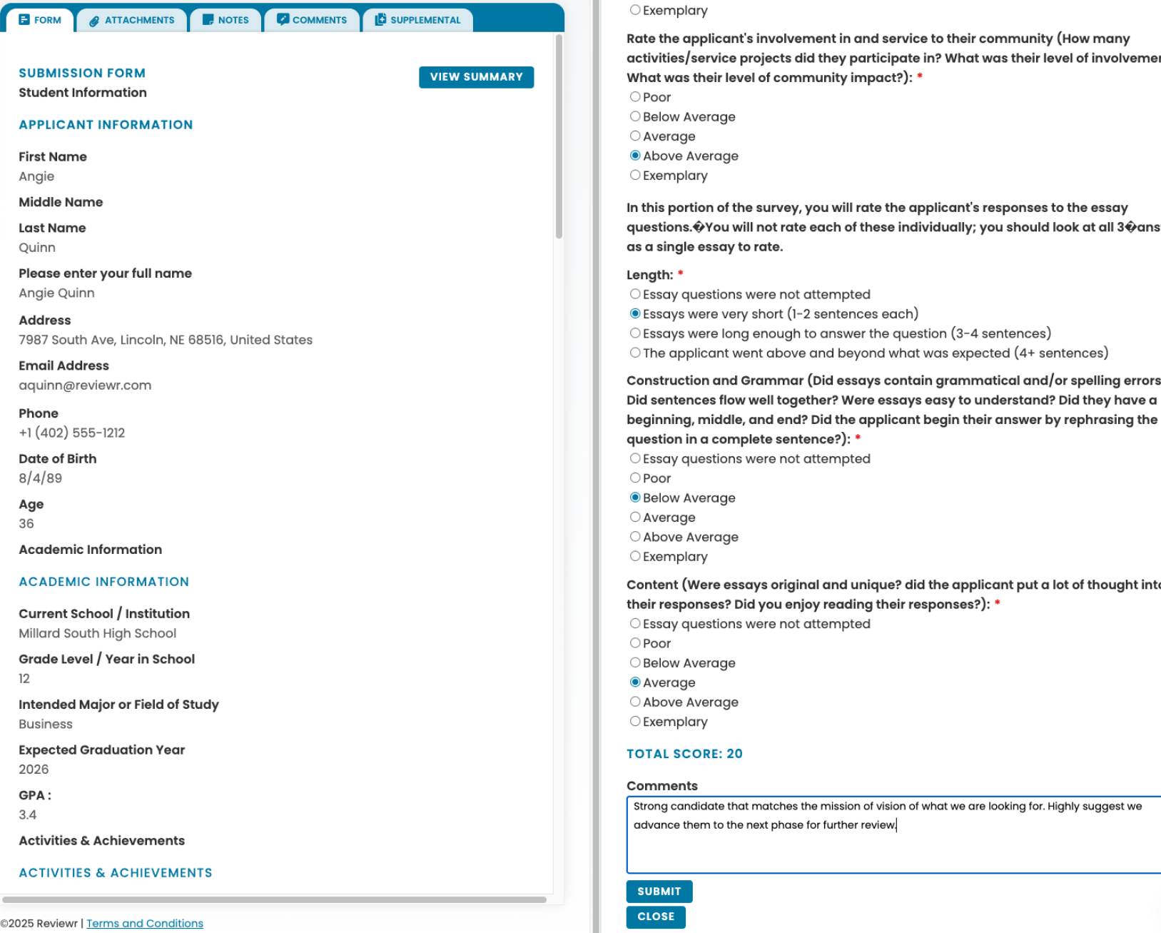 Online submission form showing applicant Angie Quinn's personal, academic details, and a review survey with ratings on community involvement, essay length, grammar, content, and a comment suggesting advancement for further review.