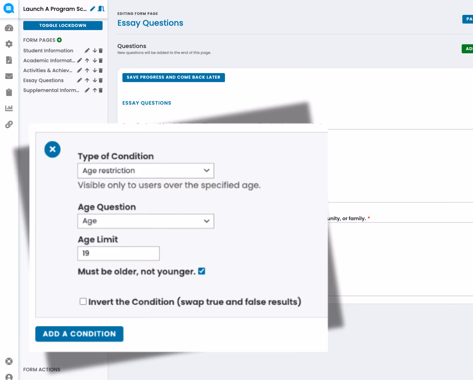 User interface showing a popup form to set an age restriction condition with options for age question, age limit of 19, and a checkbox for must be older, not younger.