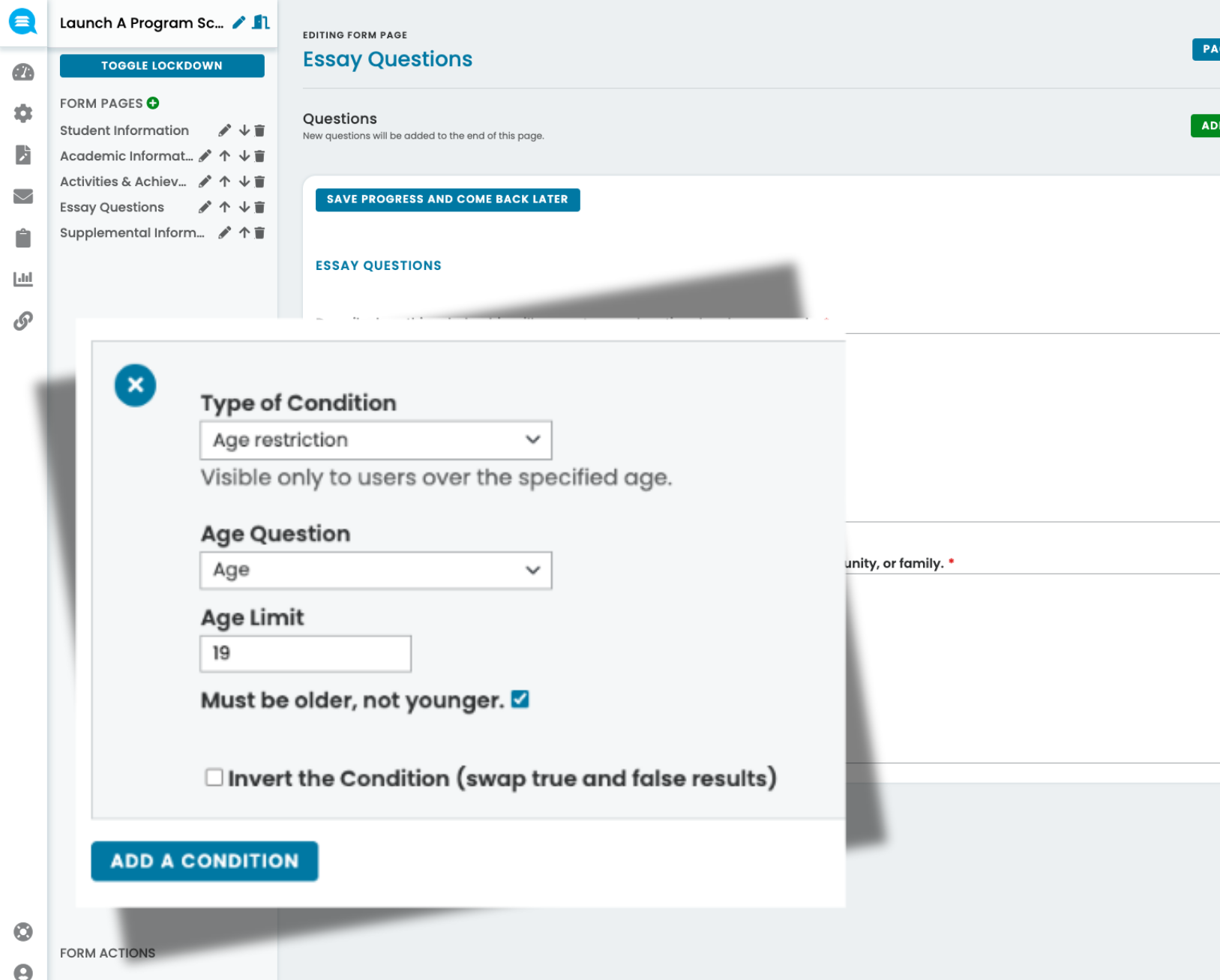 User interface showing a popup form to set an age restriction condition with options for age question, age limit of 19, and a checkbox for must be older, not younger.