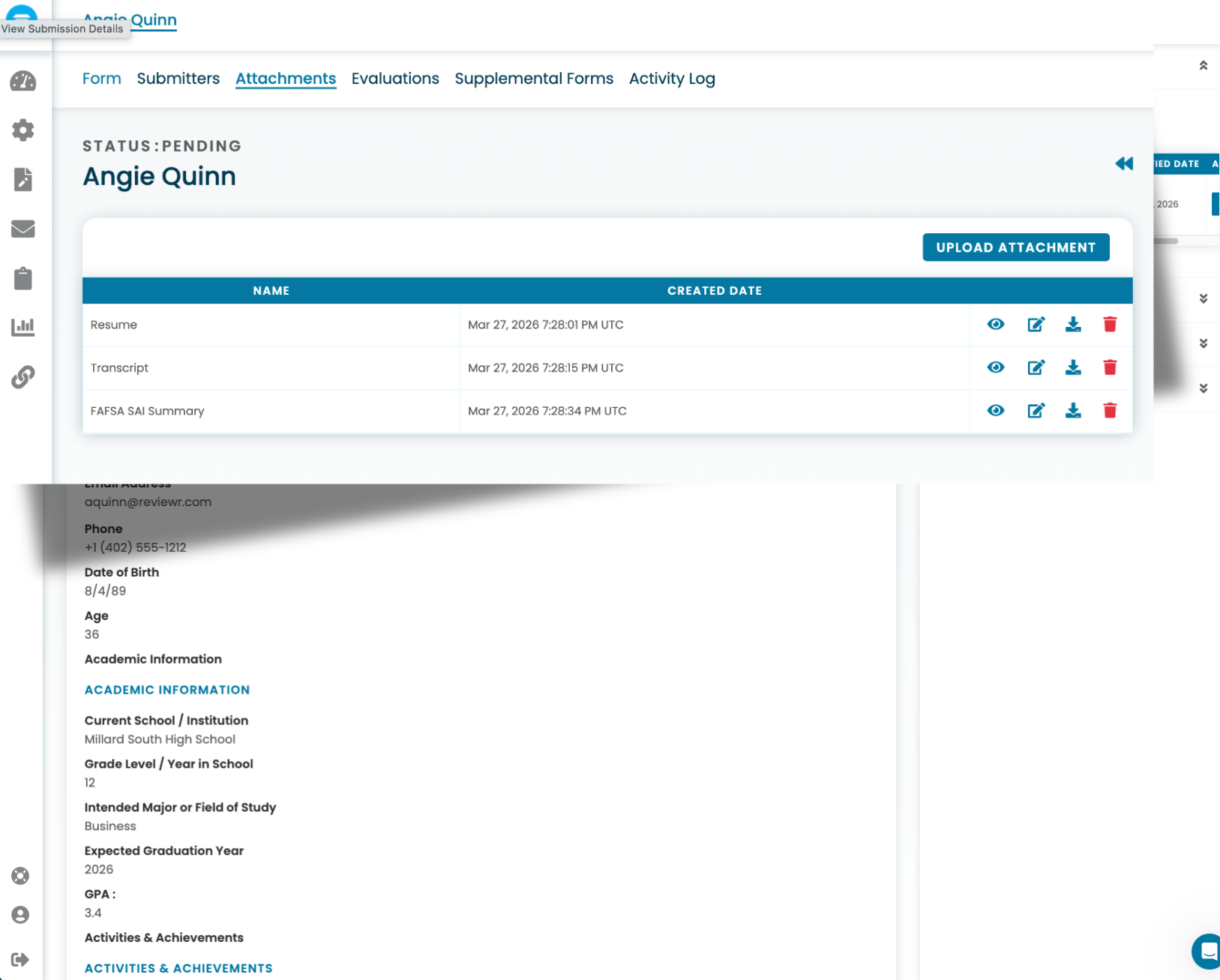 User interface showing pending attachments for Angie Quinn, including a resume, transcript, and FAFSA SAI summary with upload and action icons.