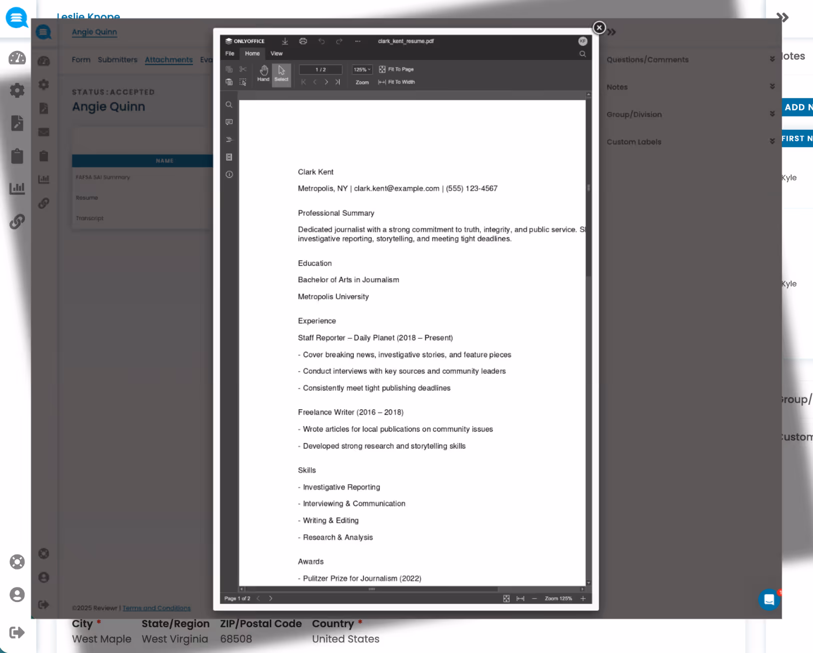 Screenshot of a PDF viewer displaying Clark Kent's resume with contact info, professional summary, education, experience, skills, and awards.