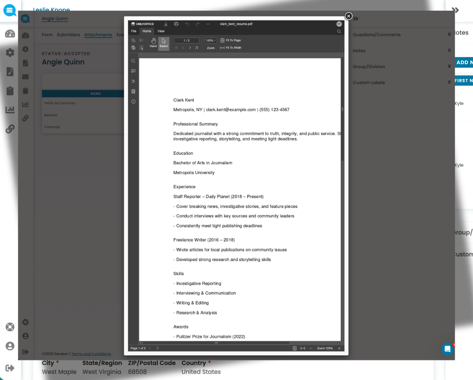 Screenshot of a PDF viewer displaying Clark Kent's resume with contact info, professional summary, education, experience, skills, and awards.