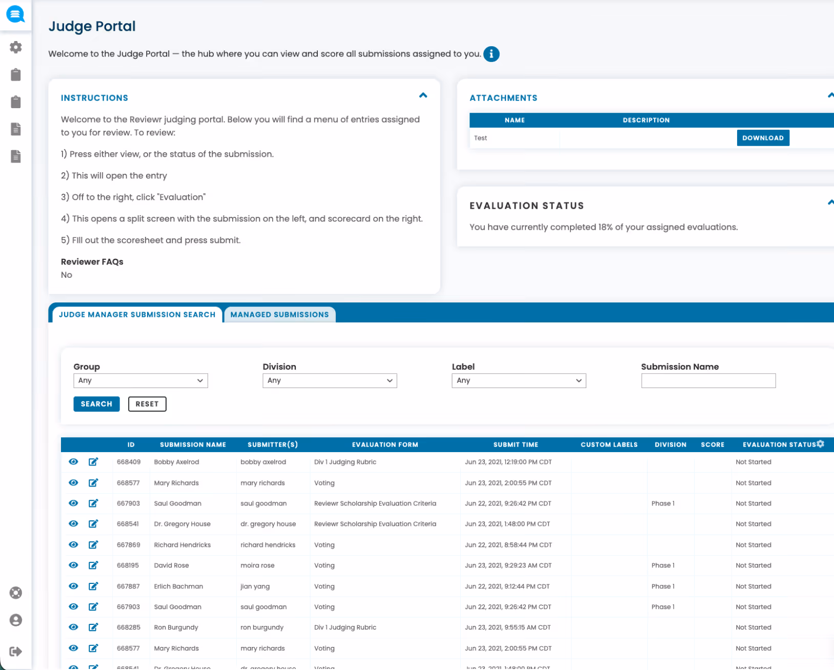Judge Portal interface showing instructions for reviewers, attachments section with a test file, evaluation status at 18%, and a searchable list of submissions with details like submitter, evaluation form, submit time, custom labels, division, score, and evaluation status.
