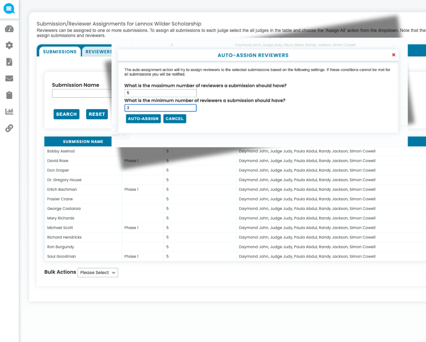 Auto-assign reviewers popup showing settings to select maximum and minimum number of reviewers per submission in a scholarship management interface with a list of submission names and assigned reviewers.