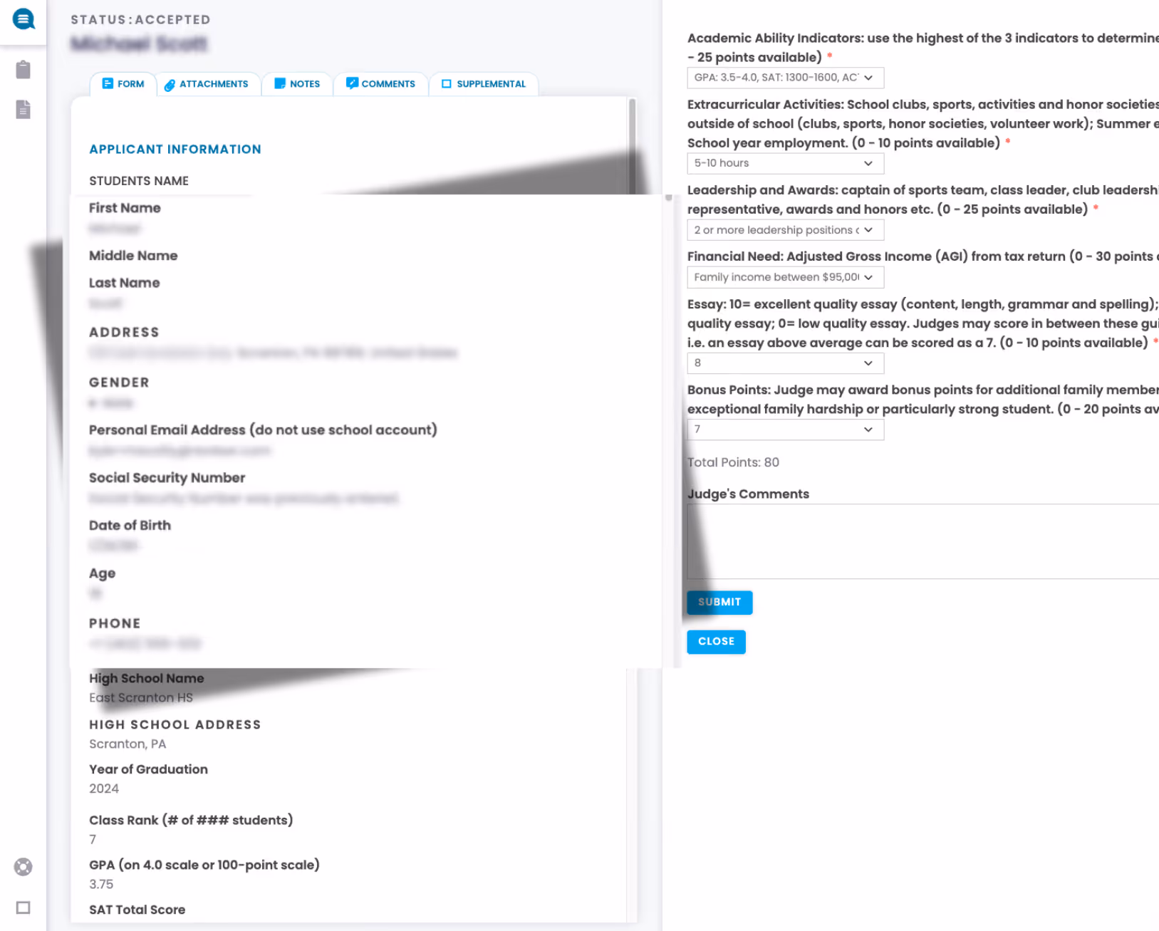 Online application form for a student named Michael Scott showing applicant information including name, address, gender, email, high school details, GPA, SAT score, and sections on academic ability, extracurricular activities, leadership, financial need, essay score, and bonus points with total points and submission buttons.
