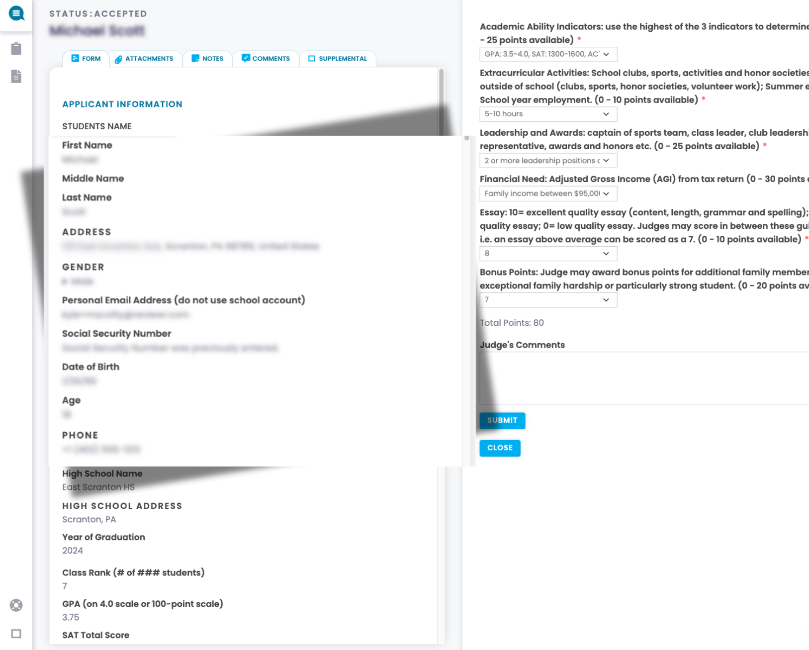 Online application form for a student named Michael Scott showing applicant information including name, address, gender, email, high school details, GPA, SAT score, and sections on academic ability, extracurricular activities, leadership, financial need, essay score, and bonus points with total points and submission buttons.