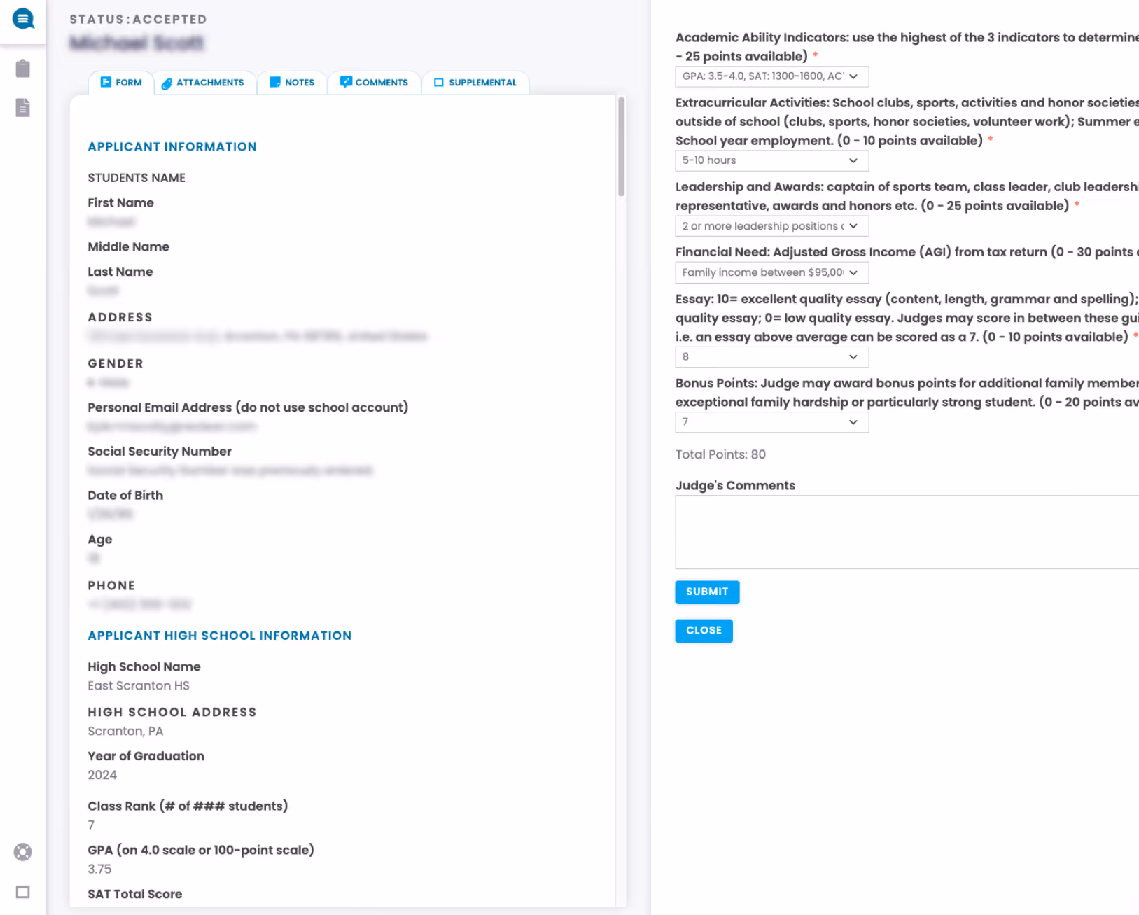 College application form with applicant information including name, address, gender, email, social security number, date of birth, and phone; also shows high school details, GPA, SAT score, and a section for academic ability indicators, extracurricular activities, leadership, financial need, essay score, bonus points, and judge's comments with submit and close buttons.