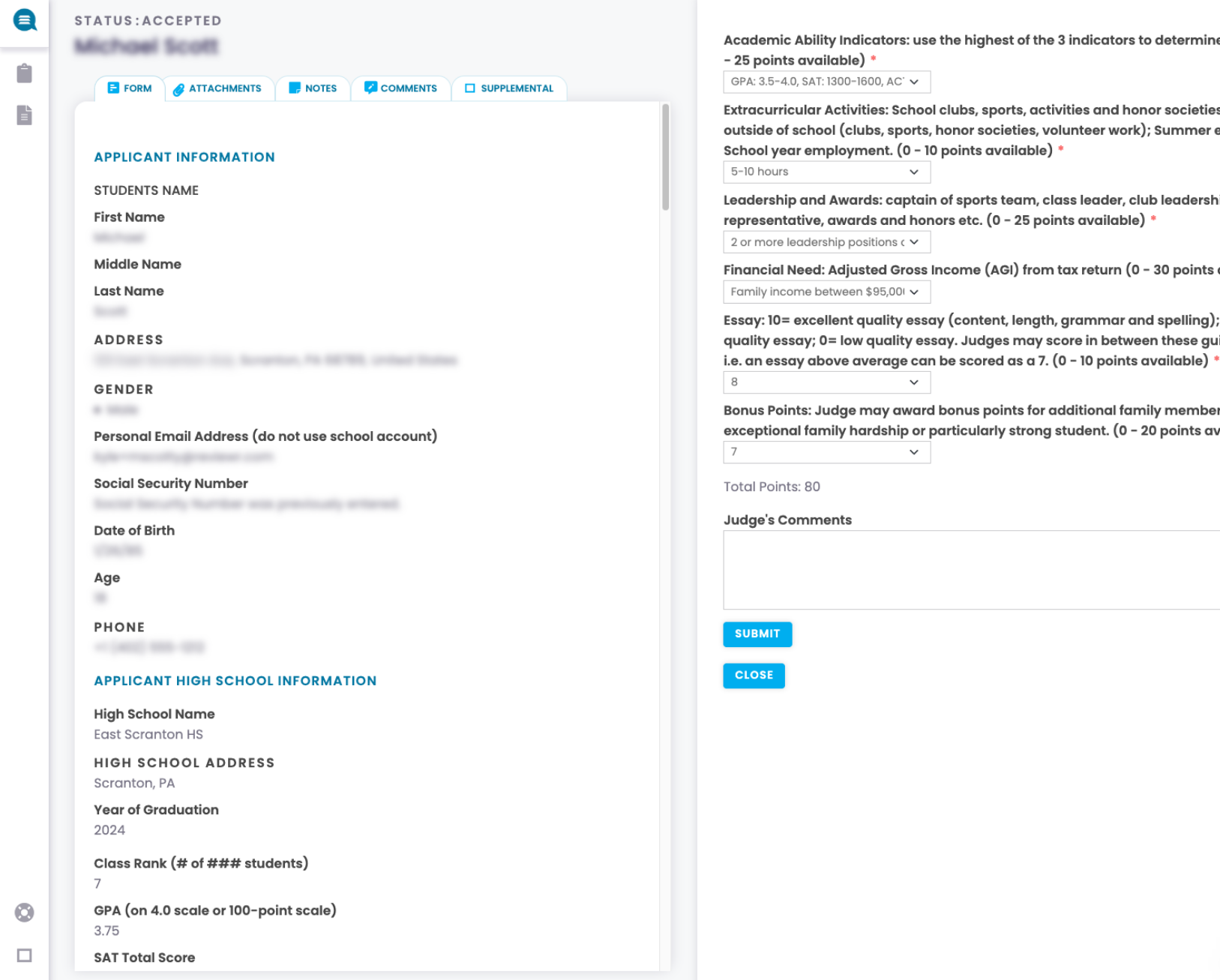 College application form with applicant information including name, address, gender, email, social security number, date of birth, and phone; also shows high school details, GPA, SAT score, and a section for academic ability indicators, extracurricular activities, leadership, financial need, essay score, bonus points, and judge's comments with submit and close buttons.