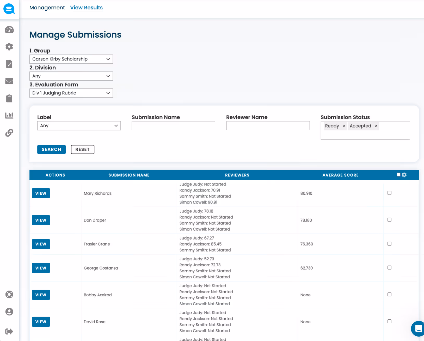 Webpage interface for managing scholarship submissions with filters for group, division, and evaluation form, listing names, reviewer scores, and average scores.