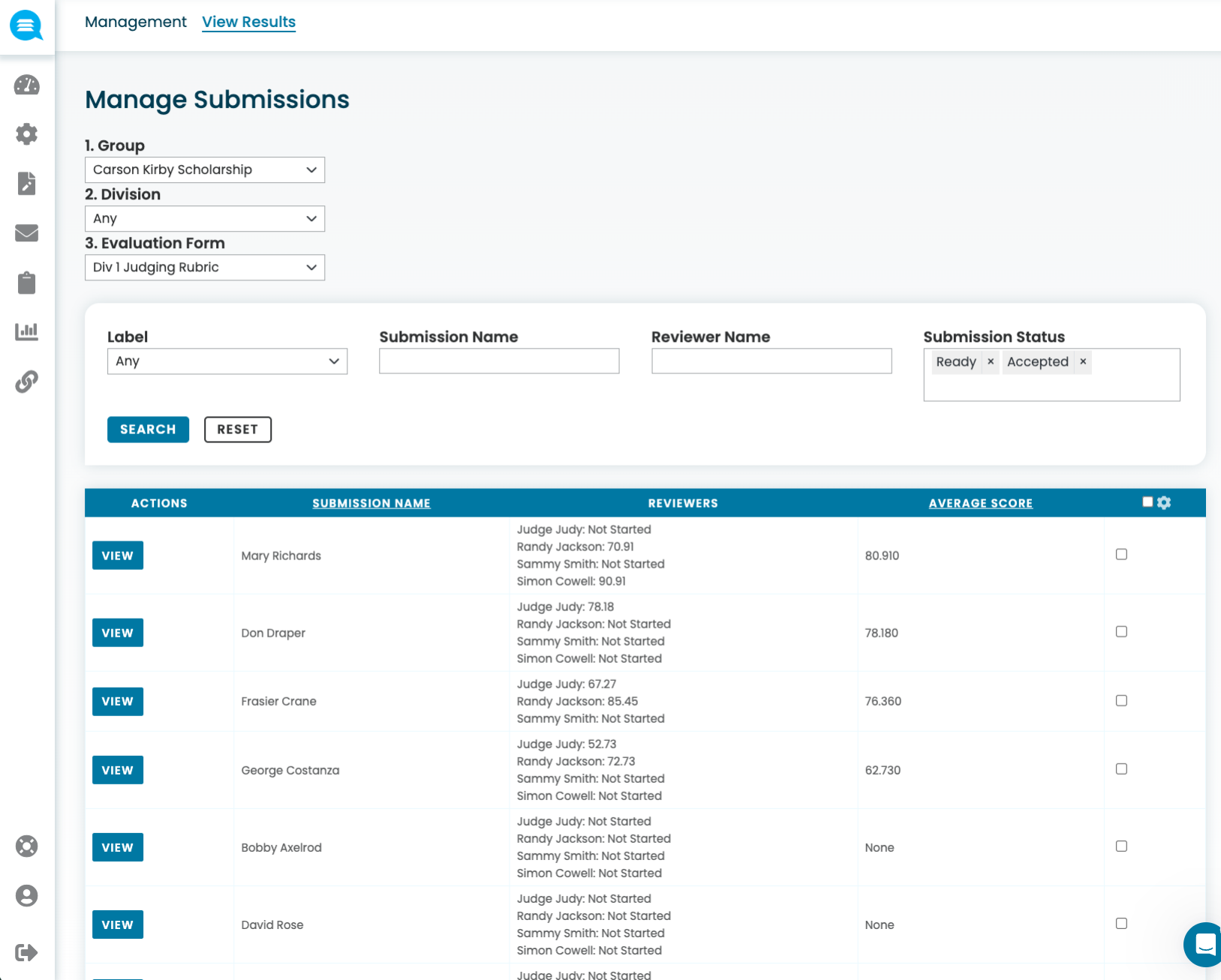 Webpage interface for managing scholarship submissions with filters for group, division, and evaluation form, listing names, reviewer scores, and average scores.