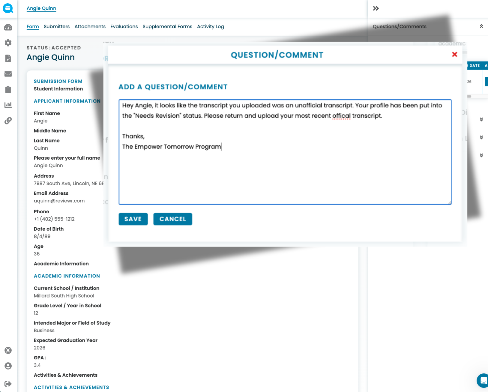 Screenshot of a messaging interface showing a question/comment form addressed to Angie Quinn requesting an official transcript upload due to an unofficial transcript submission.