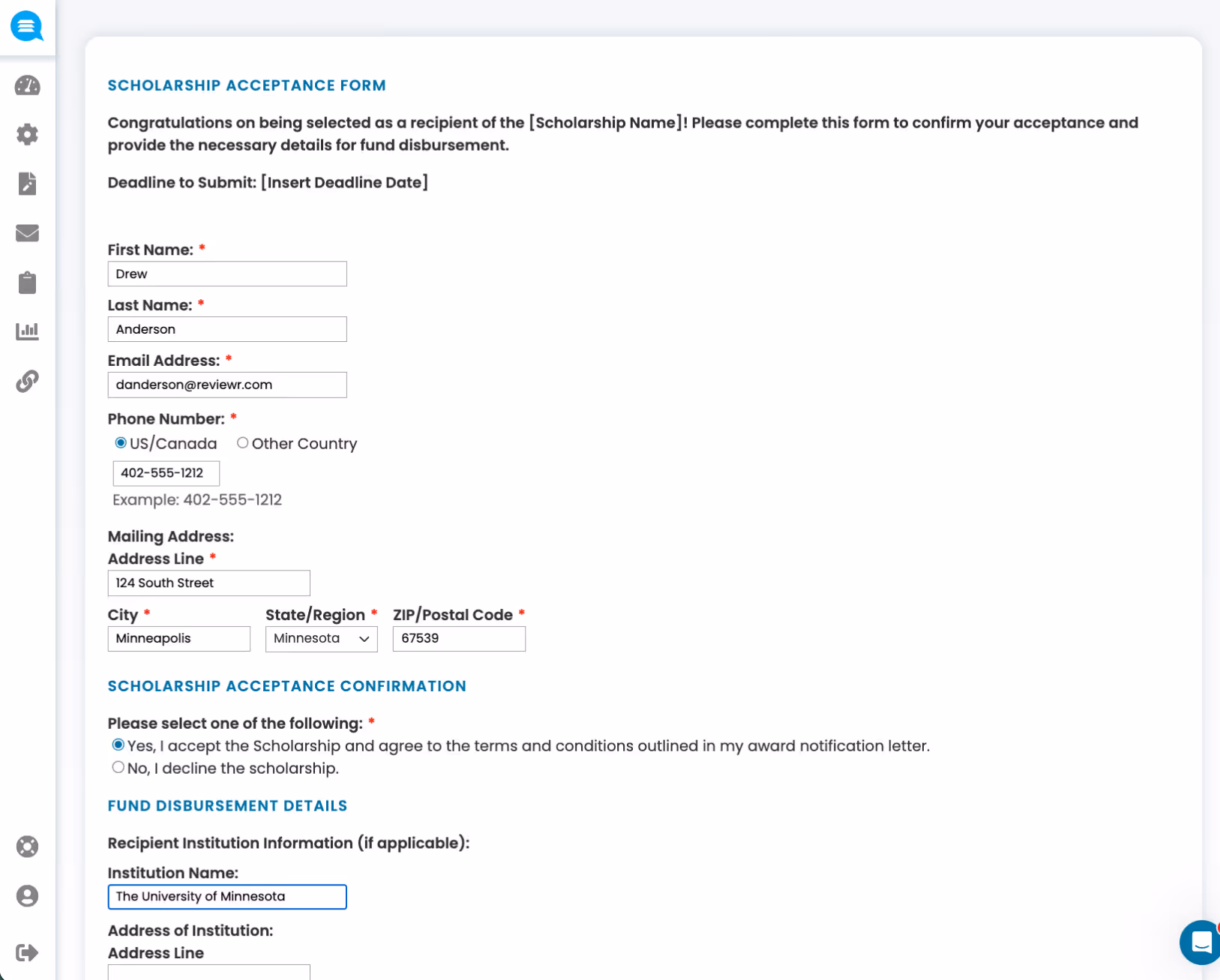 Scholarship acceptance form with fields filled for recipient Drew Anderson, including contact info, mailing address in Minneapolis, and institution name University of Minnesota.