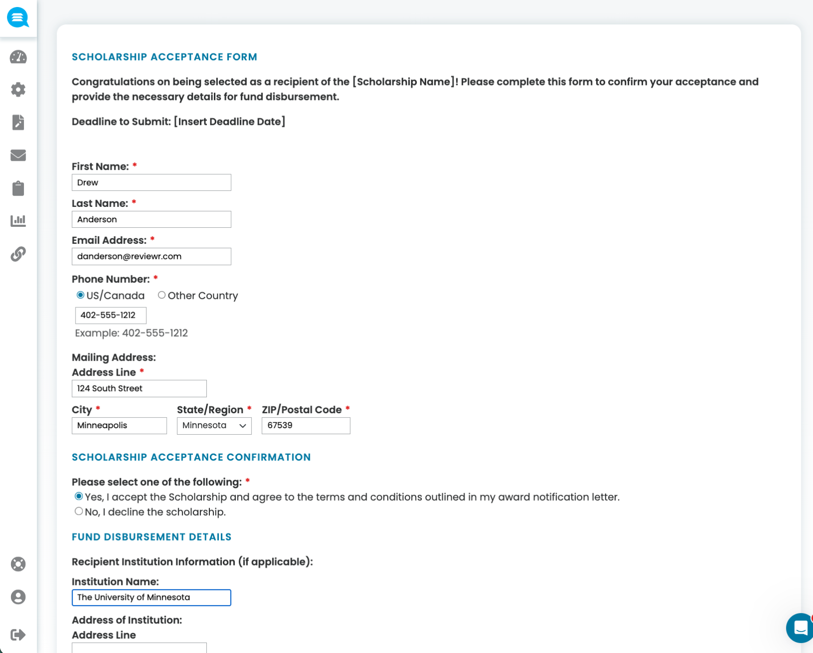 Scholarship acceptance form with fields filled for recipient Drew Anderson, including contact info, mailing address in Minneapolis, and institution name University of Minnesota.
