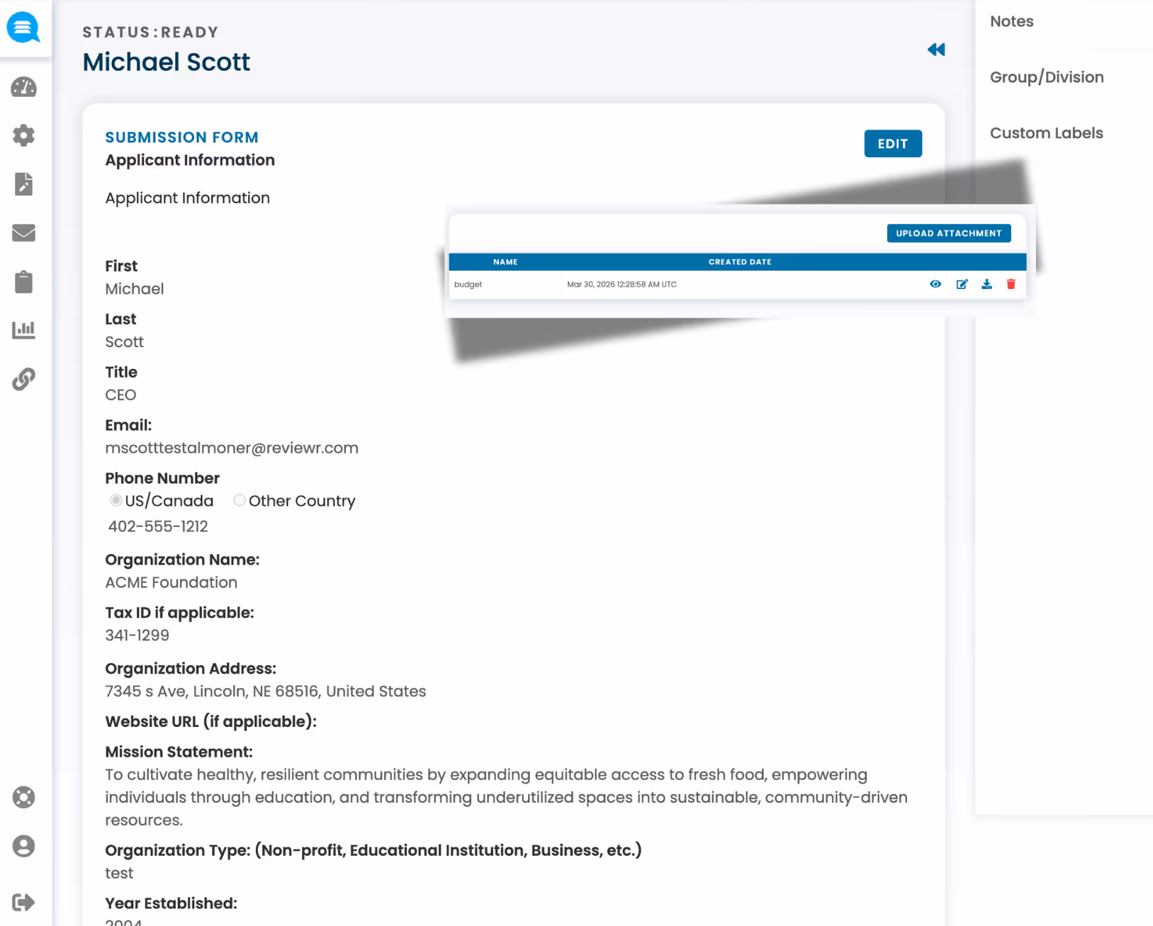 Application form for Michael Scott showing personal and organization details including CEO title, email, phone, ACME Foundation, mission statement, and address in Lincoln, NE.