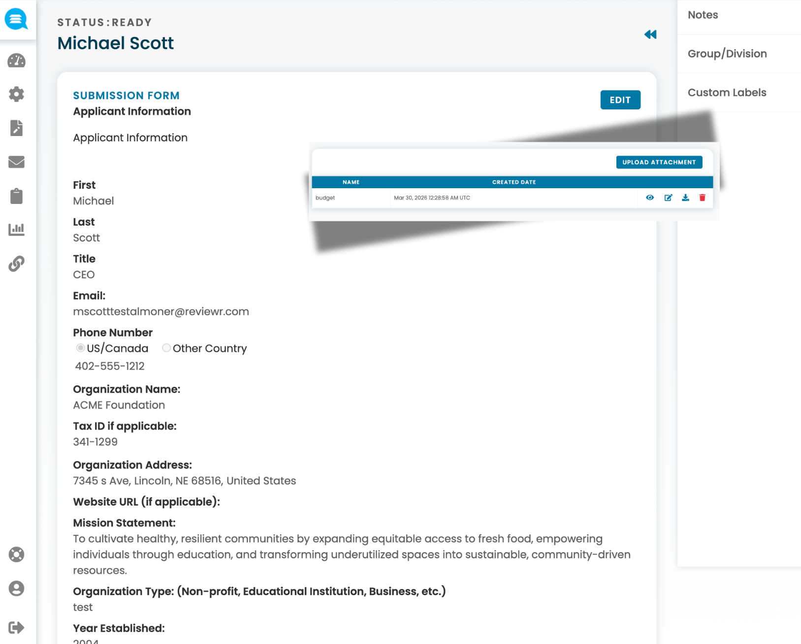 Application form for Michael Scott showing personal and organization details including CEO title, email, phone, ACME Foundation, mission statement, and address in Lincoln, NE.