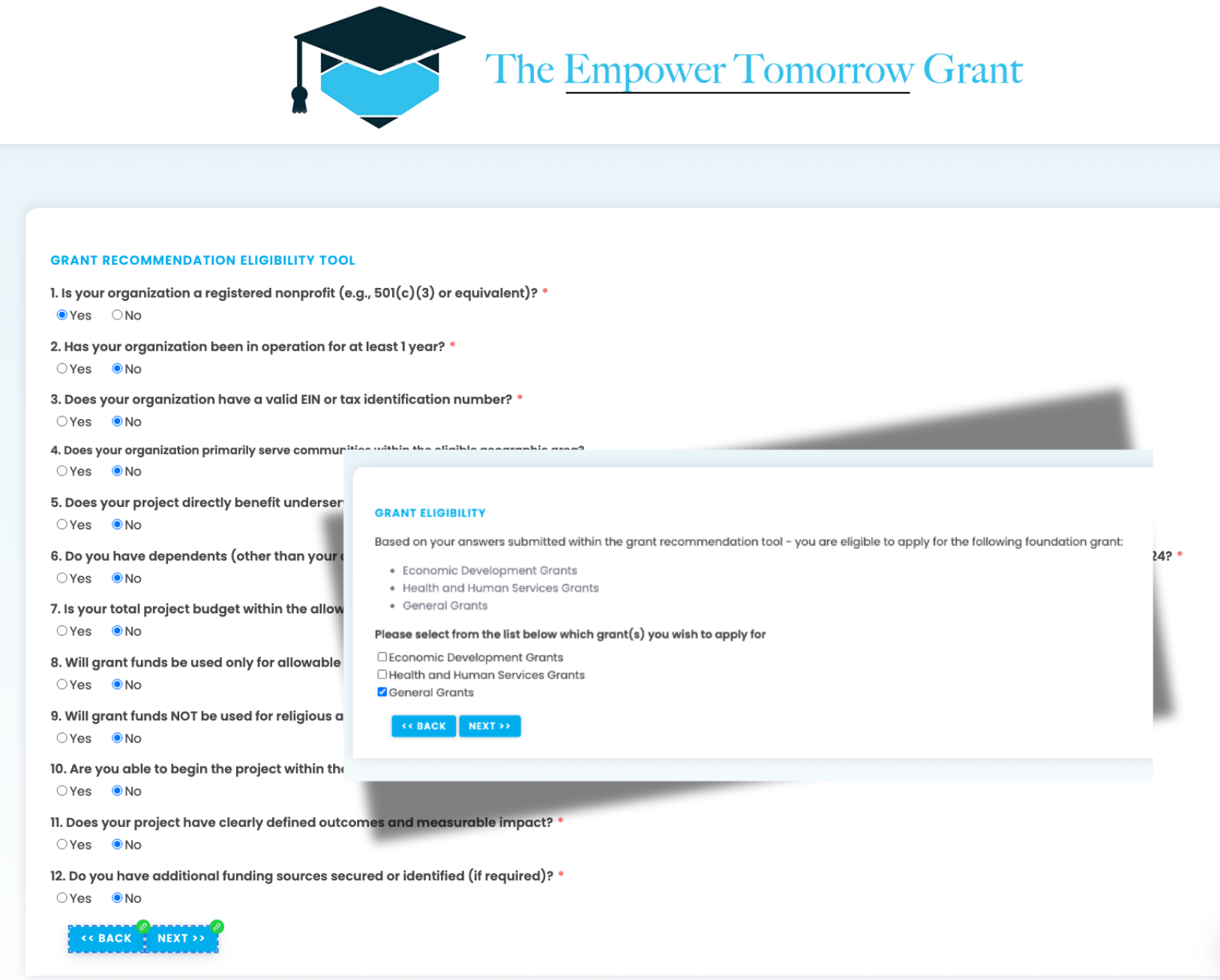 Screen showing a grant eligibility tool with questions about nonprofit status, operation duration, EIN, community service, project benefits, dependents, budget, and funding use, alongside a grant eligibility result indicating eligibility for Economic Development, Health and Human Services, and General Grants with General Grants selected.