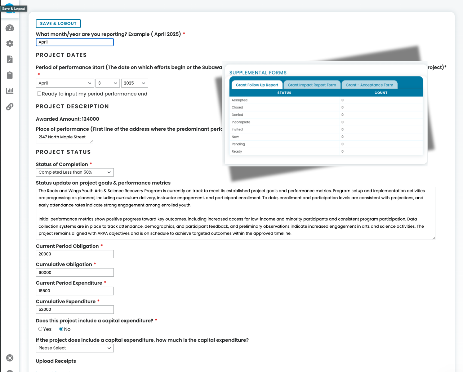 Project reporting form showing period start date April 3, 2025, awarded amount 124000, project description with address 2147 North Maple Street, project status with completion under 50%, and financial obligation and expenditure details, alongside supplemental forms status table with zero counts.