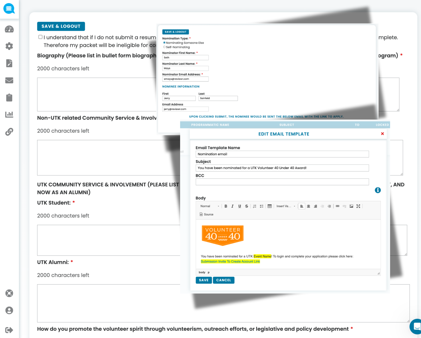 Screenshot of a form interface for UTK Volunteer 40 Under 40 Award nomination showing sections for biography, community service, and email template editor with nomination email content.