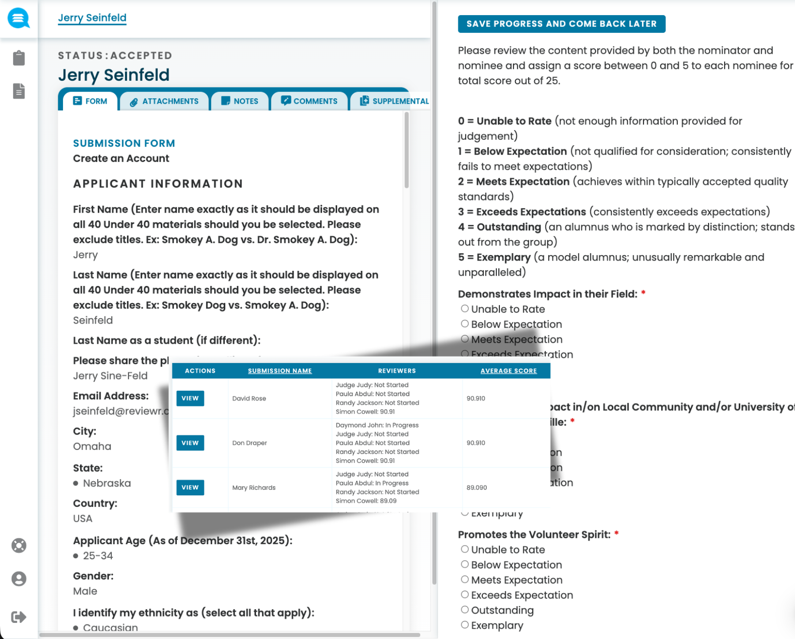 Screenshot of an online submission form for nominee Jerry Seinfeld including applicant information, instructions, and a scoring guide for review ratings from 0 to 5.