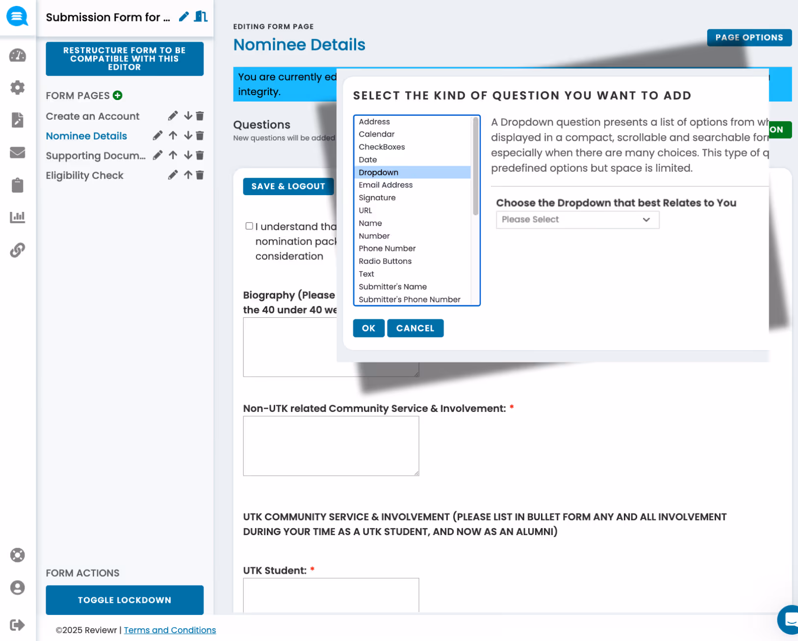 Online form editor showing 'Nominee Details' page with a popup for selecting question type including Dropdown, Date, Email, and others.