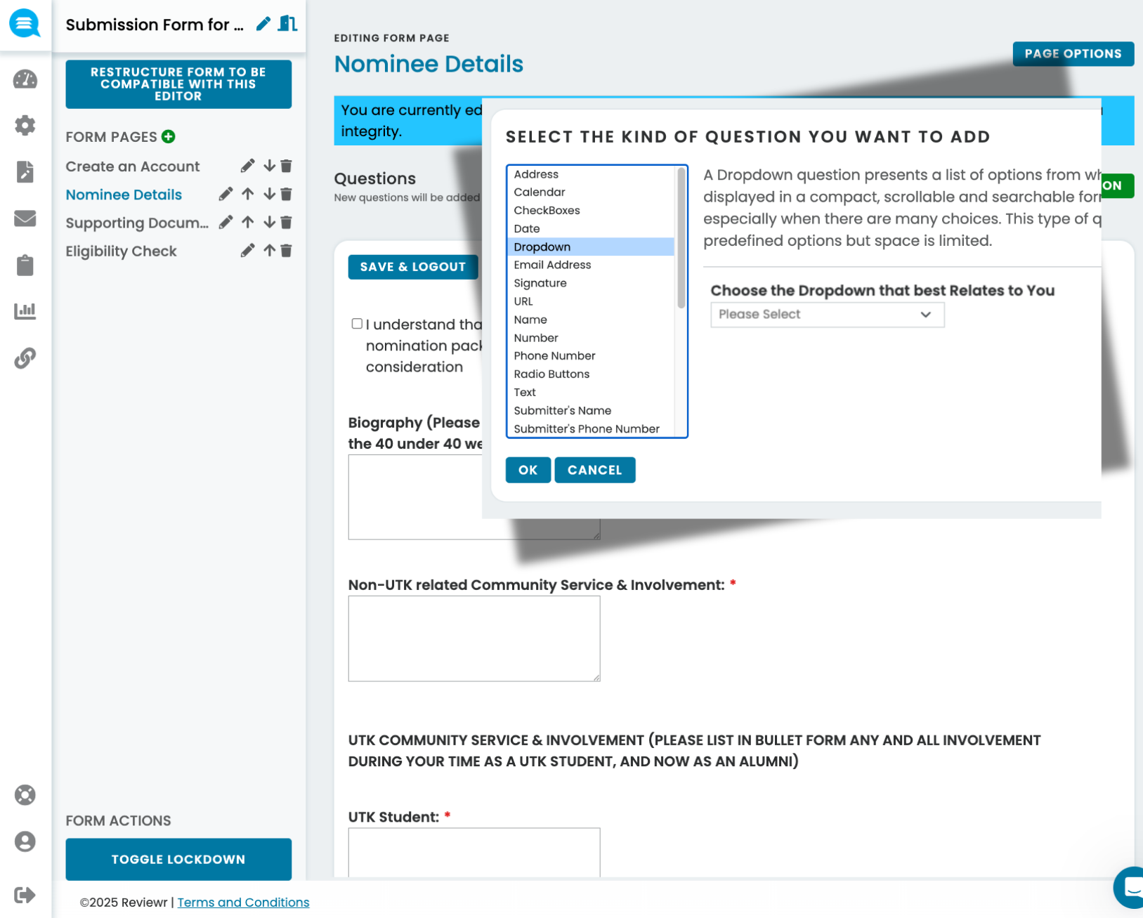 Online form editor showing 'Nominee Details' page with a popup for selecting question type including Dropdown, Date, Email, and others.
