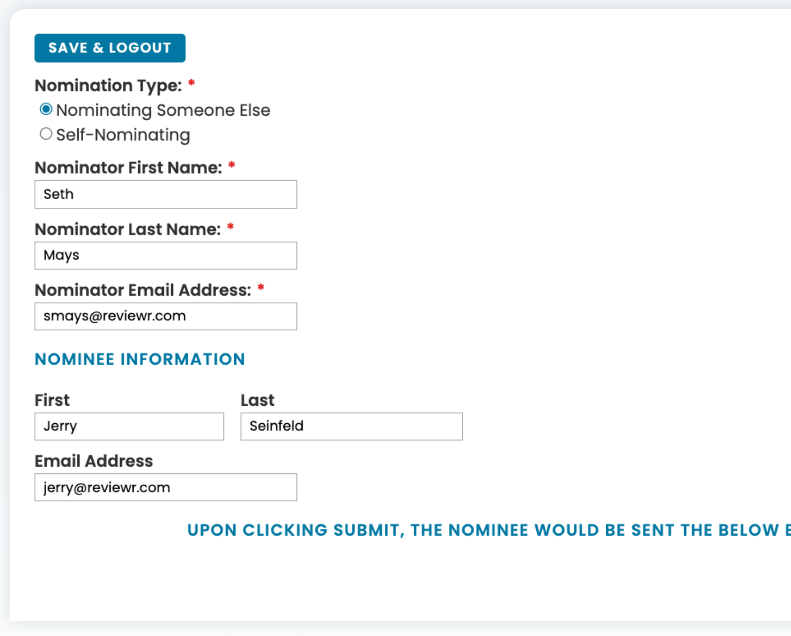Nomination form with fields for nominator and nominee details including first and last names and email addresses, and options to nominate someone else or self-nominate.