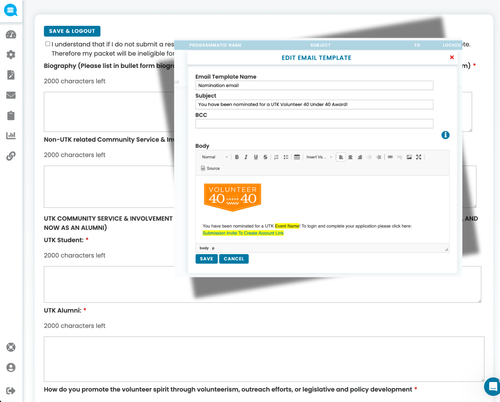 Screenshot of an email template editor showing a nomination email for the UTK Volunteer 40 Under 40 Award with fields for email template name, subject, BCC, and body containing the award logo and nomination message.