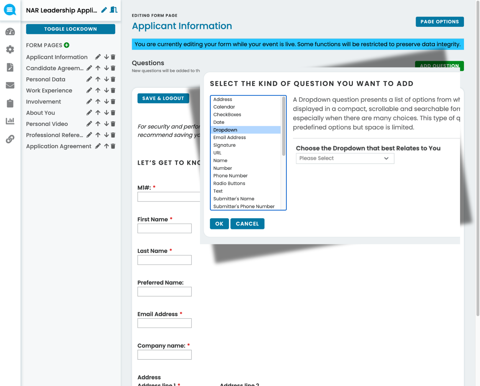 Form editing interface titled Applicant Information showing a sidebar of editable form pages, fields for personal details, and a popup to select question type including dropdown, checkboxes, and text.