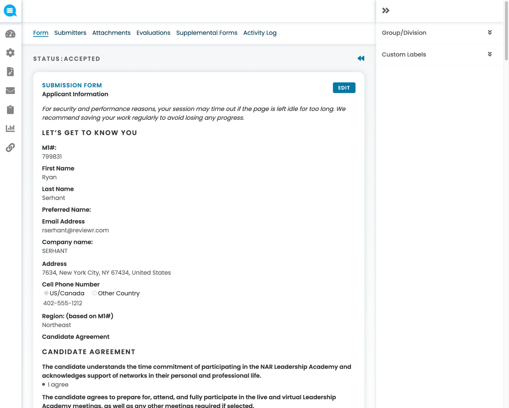 Online submission form with applicant information including name, email, phone number, address, and candidate agreement acceptance for Ryan Serhant.