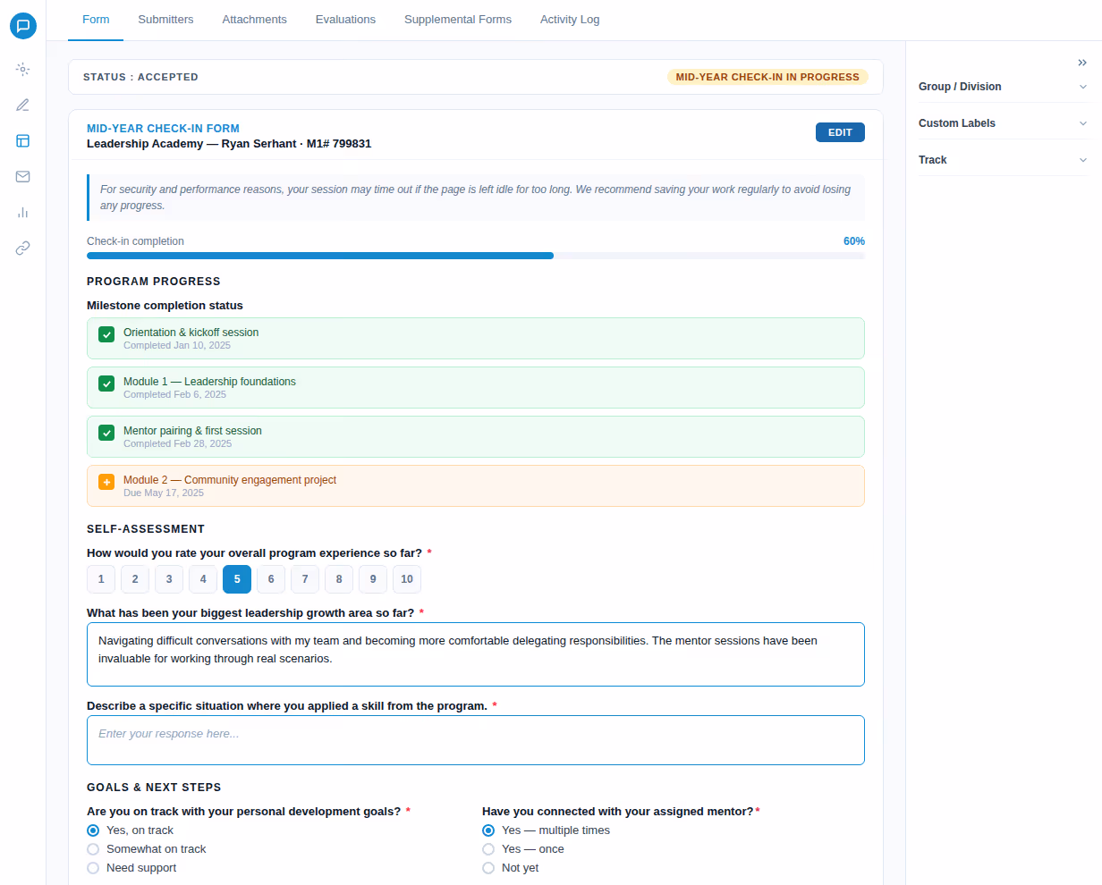 Mid-year check-in form showing 60% check-in completion, milestone statuses with three completed and one pending, self-assessment questions with leadership growth area input, and goal tracking options.