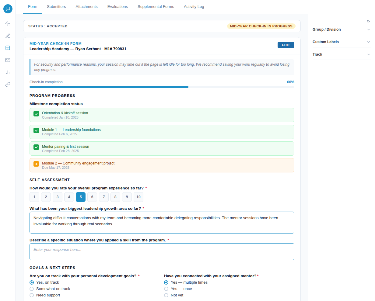 Mid-year check-in form showing 60% check-in completion, milestone statuses with three completed and one pending, self-assessment questions with leadership growth area input, and goal tracking options.