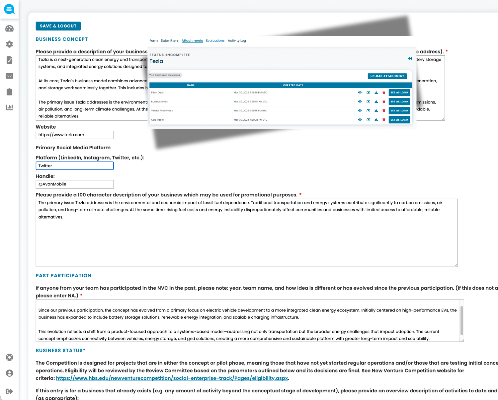 Screenshot of a business concept submission form for Tezla with fields filled in including business description, website URL, social media platform as Twitter, and a 100-character promotional business description, alongside an overlay panel showing uploaded attachments like Pitch Deck and Business Plan.