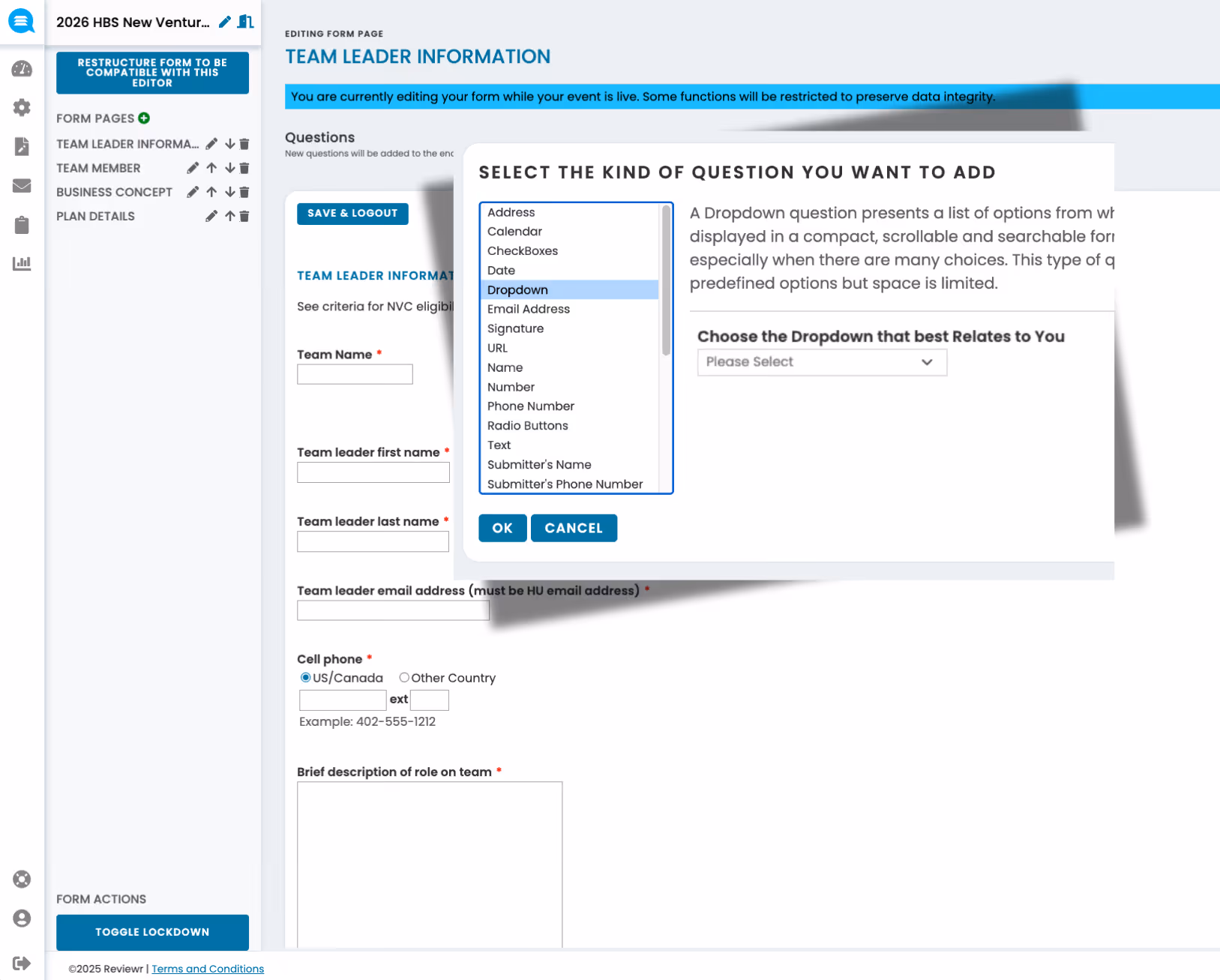 Online form editor showing 'Team Leader Information' page with fields for team name, leader's name, email, phone, and role description, plus a popup to select question types including dropdown, calendar, checkboxes.