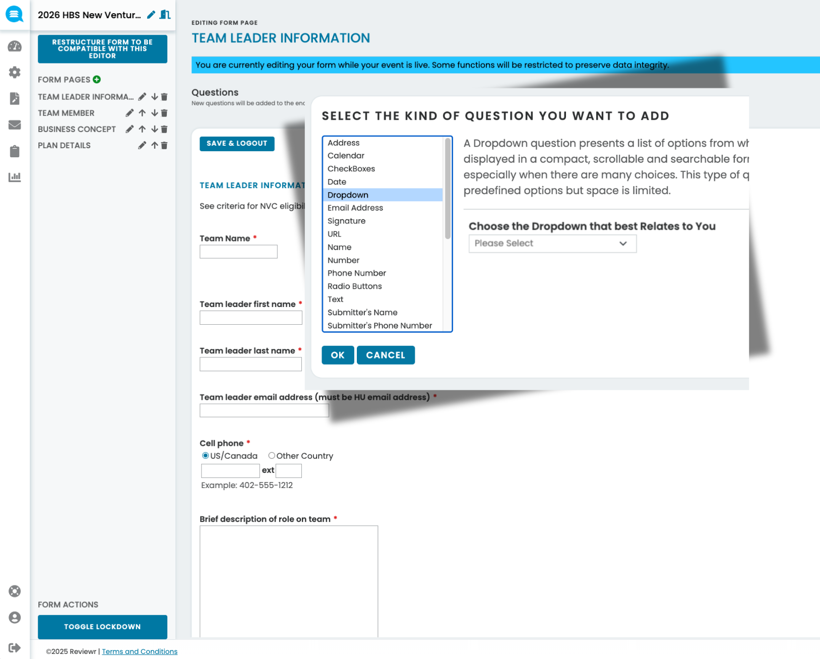 Online form editor showing 'Team Leader Information' page with fields for team name, leader's name, email, phone, and role description, plus a popup to select question types including dropdown, calendar, checkboxes.