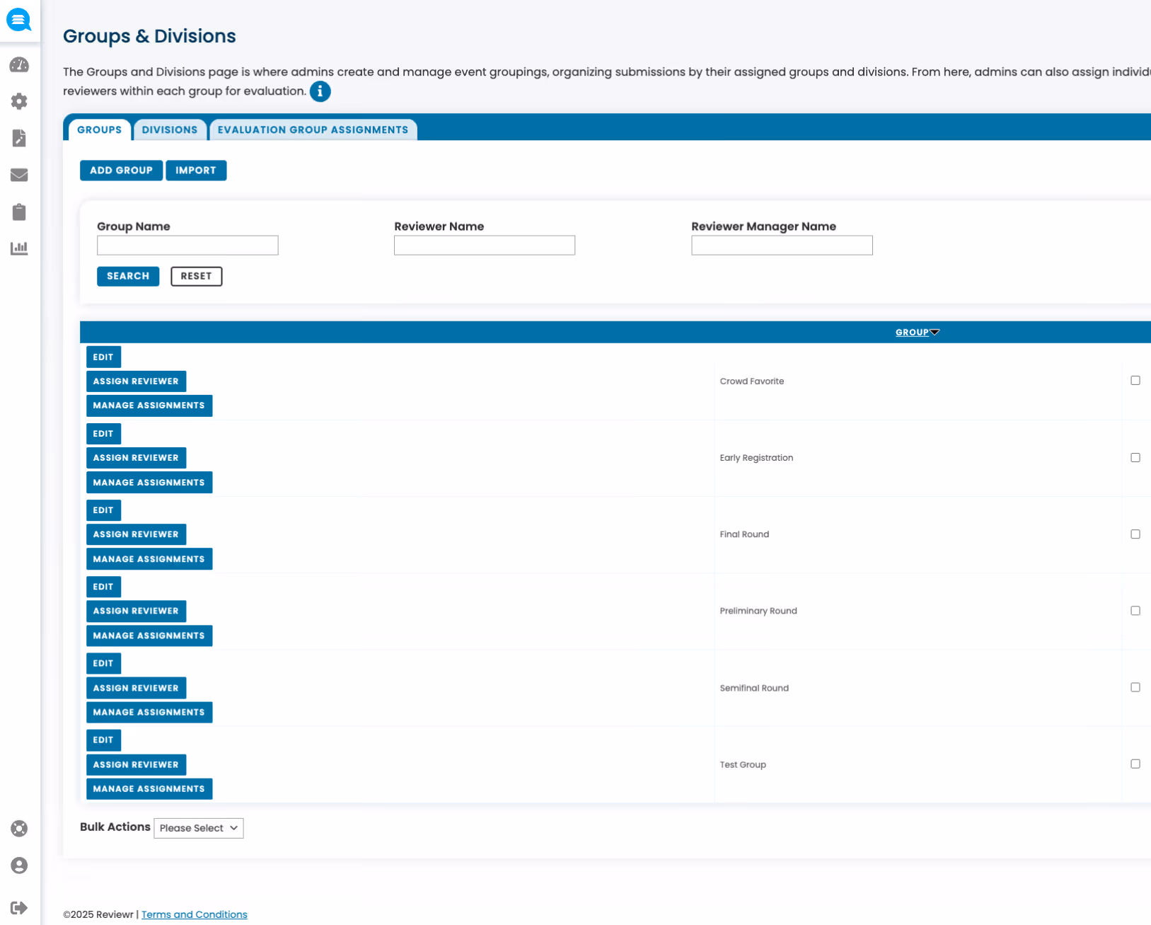 Groups & Divisions admin page showing list of groups with options to edit, assign reviewer, and manage assignments including Crowd Favorite, Early Registration, Final Round, Preliminary Round, Semifinal Round, and Test Group.